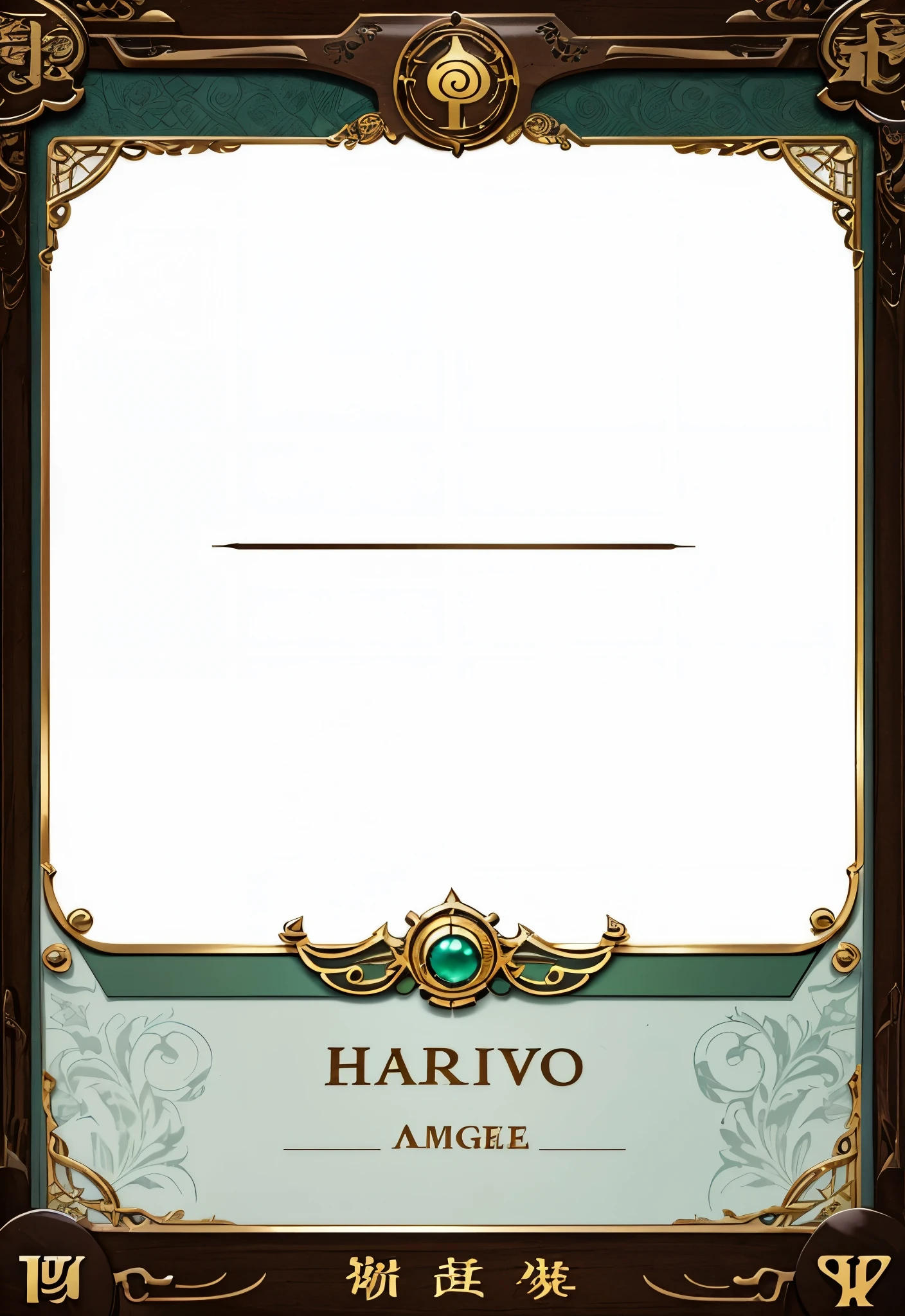 Illustration frame for card,card decoration,The upper part is the illustration frame,The lower part is the text box。antique style texture,full of mystery,brown,gold,light blue,Dark green,UI design for Magic cards,UI design suitable for Yu-Gi-Oh card,HD,4k。