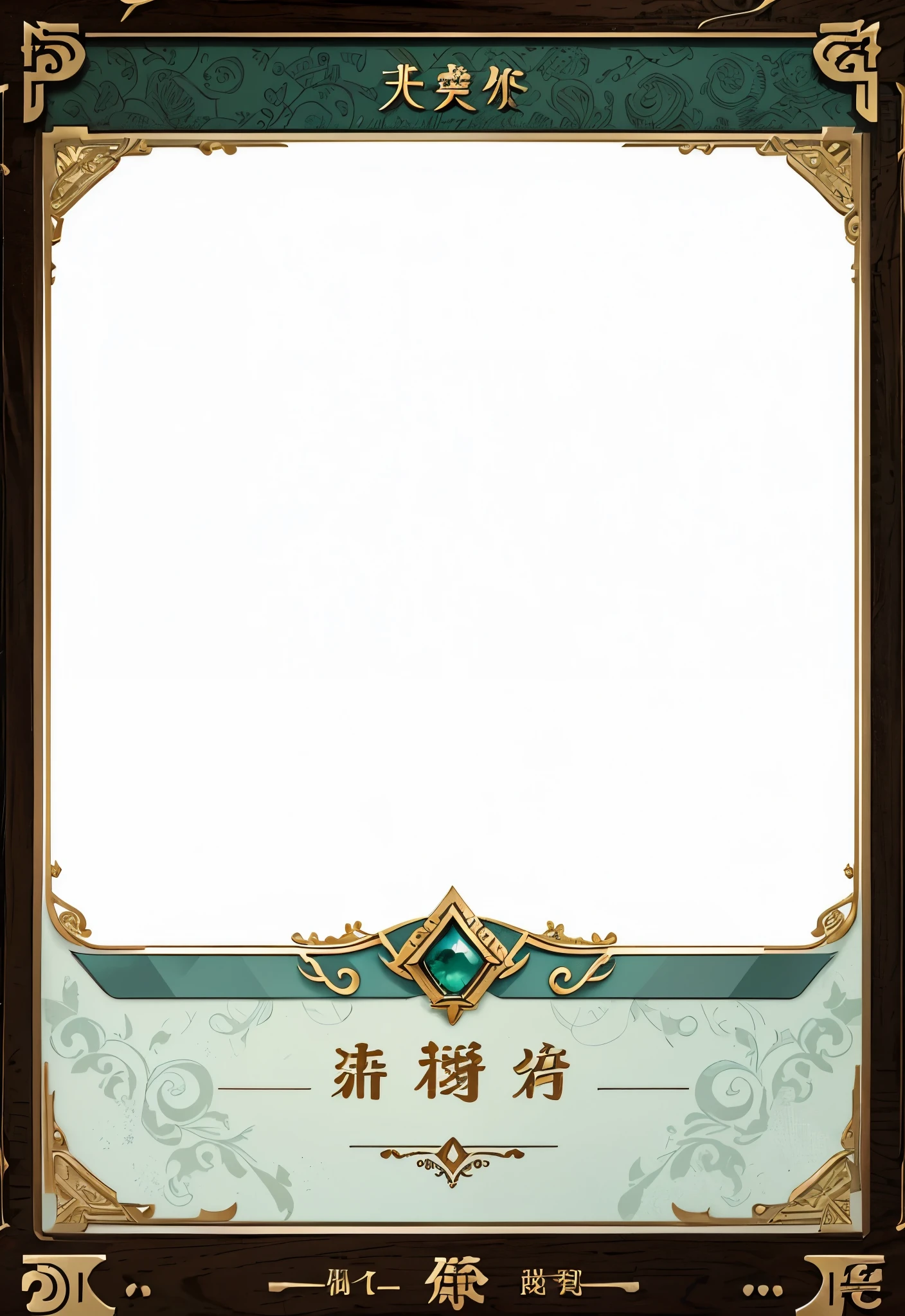 Illustration frame for card，card decoration，The upper part is the illustration frame，The lower part is the text box。antique style texture，full of mystery，brown，gold，light blue，Dark green，UI design for Magic cards，UI design suitable for Yu-Gi-Oh card，HD，4k。