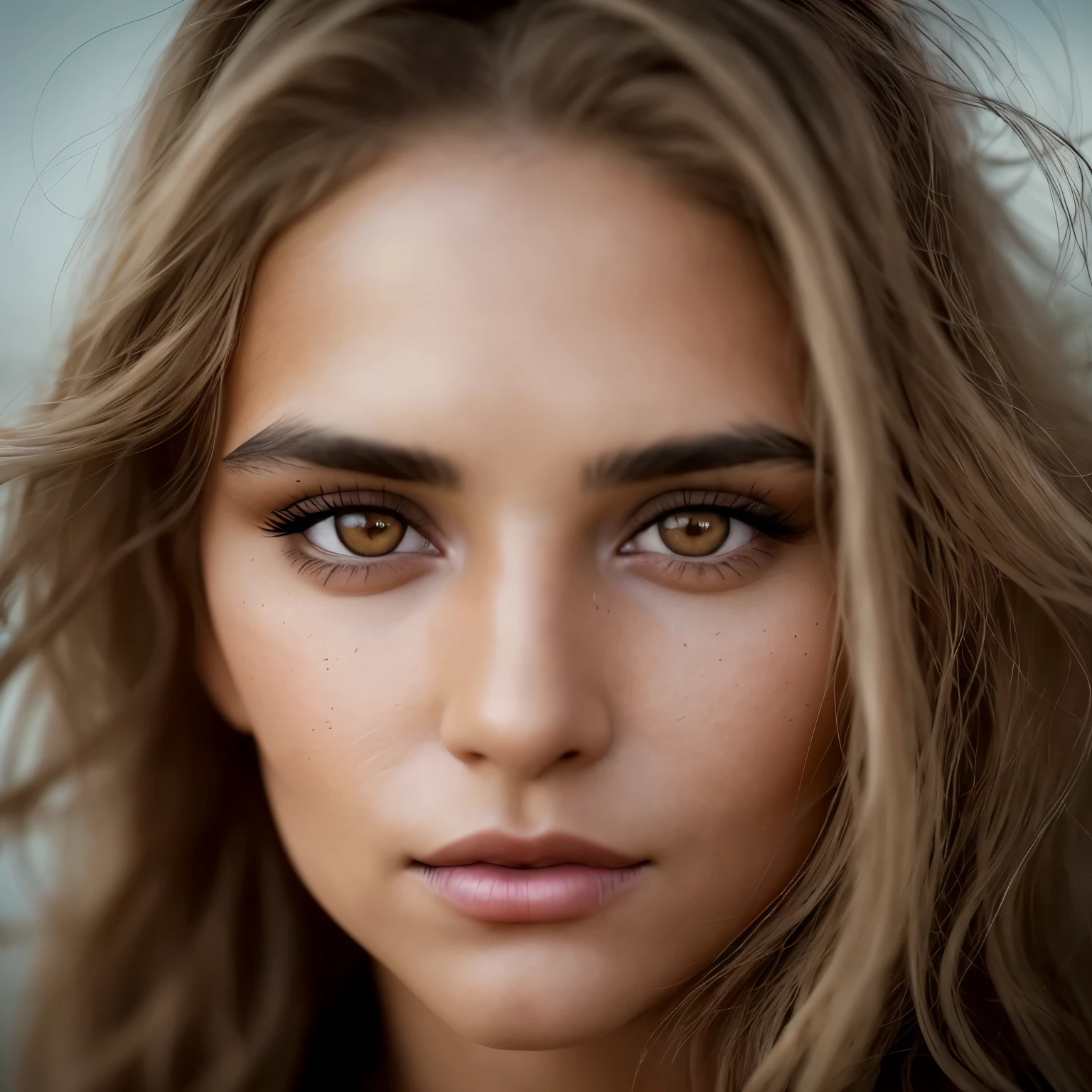 a photorealistic portrait of a stunningly beautiful tanned argentinian woman with light make-up, extremely detailed light honey eyes, detailed symmetric realistic face, extremely detailed natural texture, peach fuzz, windy long hair, masterpiece, absurdres, award winning photo by lee jeffries, nikon d850 film stock photograph, kodak portra 400 camera f1.6 lens, extremely detailed, amazing, fine detail, rich colors, hyper realistic lifelike texture, dramatic lighting, unrealengine, trending on artstation, cinestill 800 tungsten, looking at the viewer, photo realistic, RAW photo, TanvirTamim, high quality, highres, sharp focus, extremely detailed, cinematic lighting, 8k uhd,-imagine-, with human like eyes with less glare, a black leather jacket