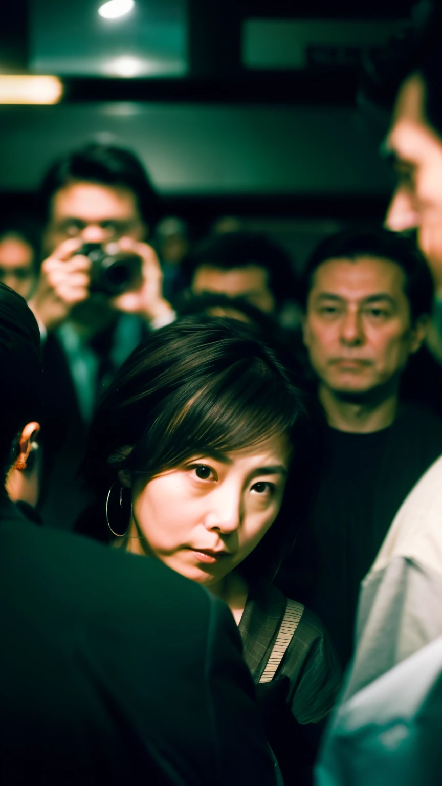 Out of focus boroid photo、very dark lighting、(((crowded train)))、chaos、very crowded、Very close、A Japanese mature woman surrounded by middle-aged men、((she is hidden by the crowd))、all the middle aged men are looking at her、She is undressed