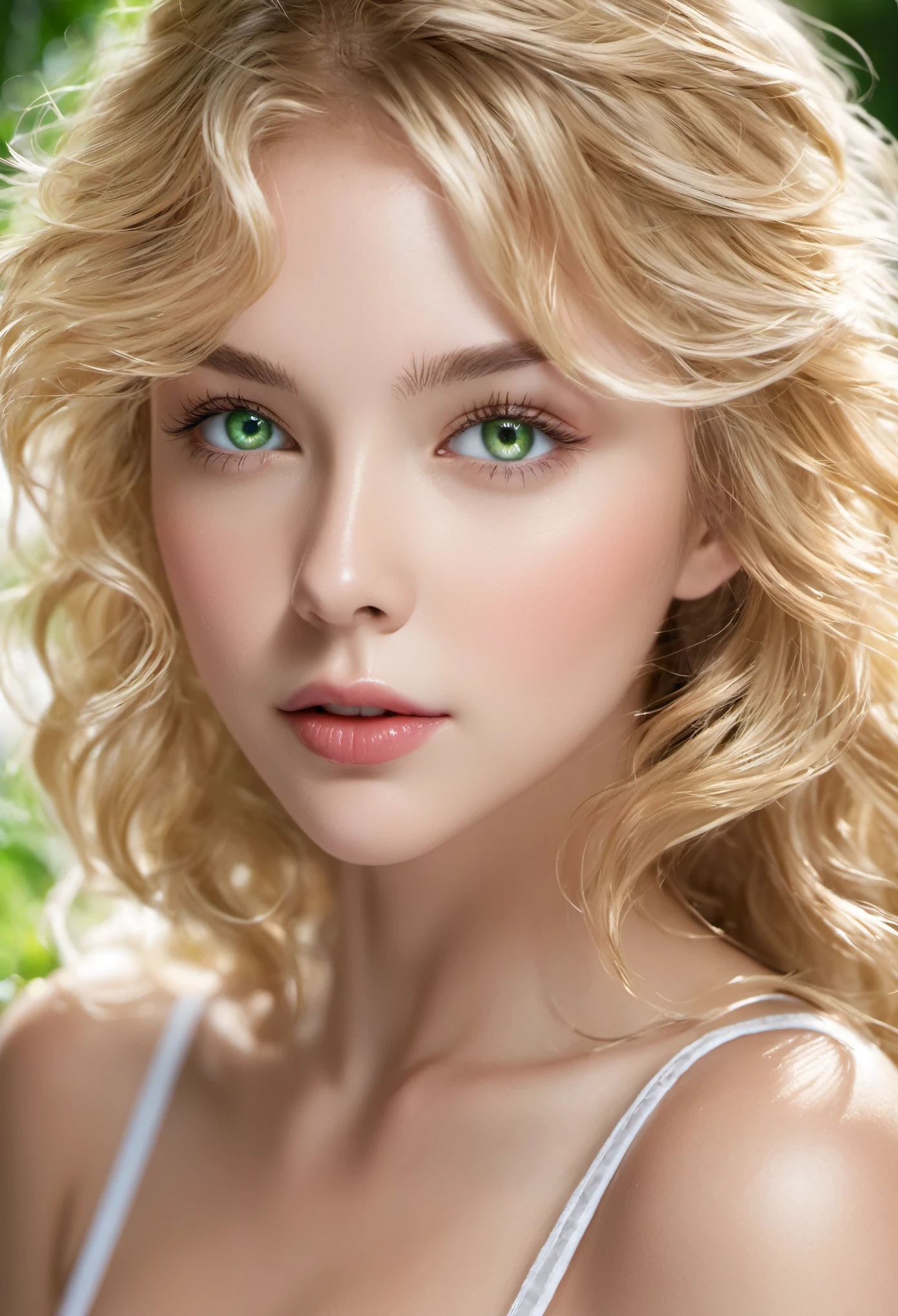 1girl, a professional photo, young girl, beautiful face, detailed face, detailed eye, blonde hair, long hair, curly hair, green eyes, eyes turned upwards, sexy lips, small nose, upturned nose, perfecteyes eyes, skin detail, (upper body:1.5), eye makeup,, (masterpiece, high quality, best quality:1.3), Detailed