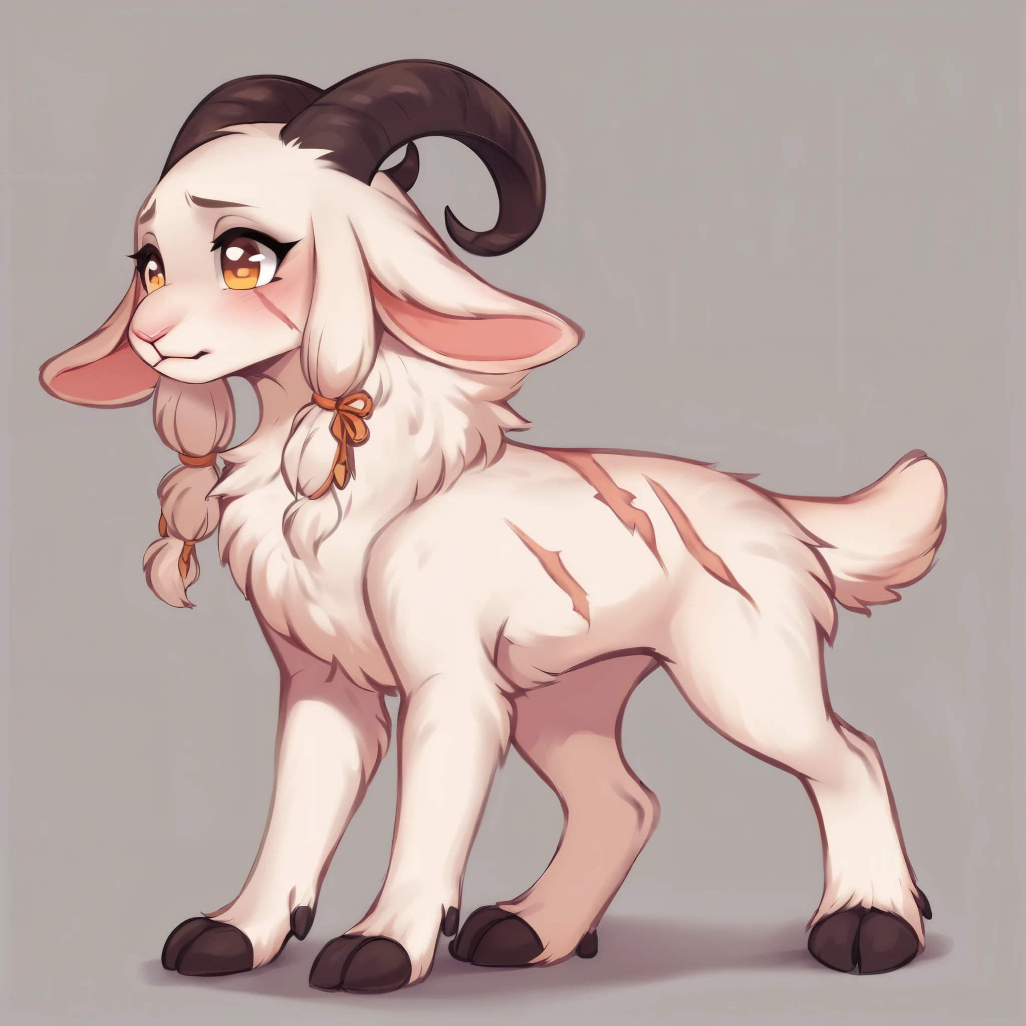 score_9, score_8_up, score_7_up, score_6_up, score_5_up, score_4_up, show accurate, full body, simple background, feral goat, female goat, white fur, albino fur, single color fur, teenage goat, adorable face, goat horns, goat pupil, golden eyes, shy look, mane covering the neck, small braids in her hair and mane, standing on all fours, scars all over the body, scar on the eye,