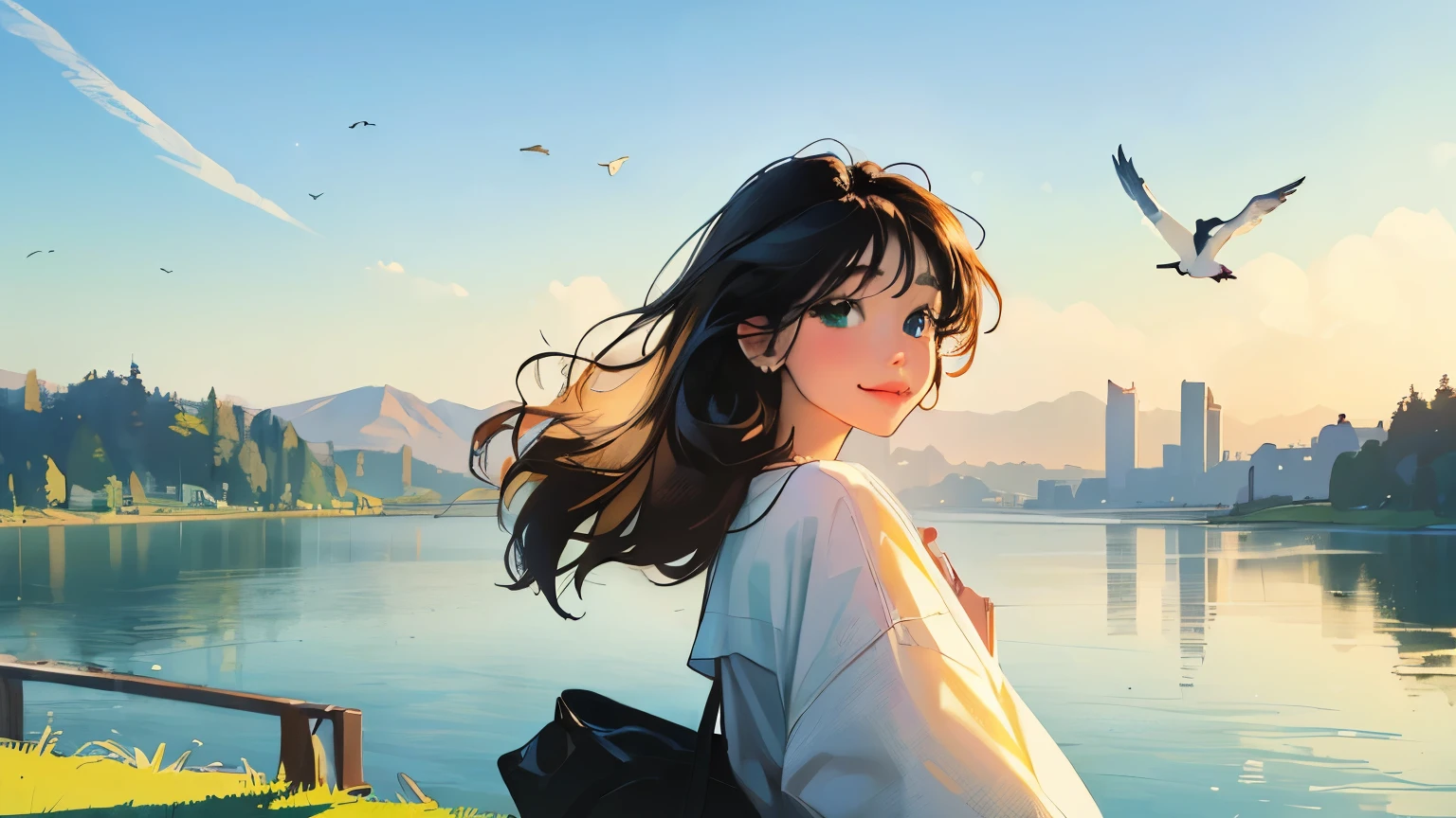 ((masterpiece)),(((bestquality))),((ultra-detailed)) realisticlying, 1 girl, Beautiful, black hair, happy, solo, The sky morning, looking to viewer, soft green, white, city, lake.