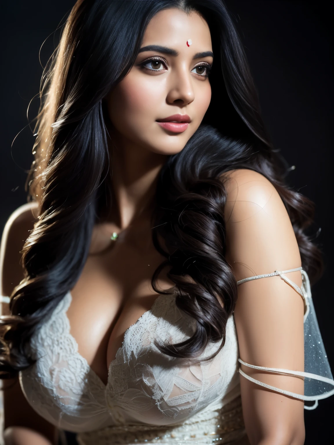portrait of A confident-looking indian woman princess with long flowing hair, hazel eyes, with see-through tshirt, a smile on the face, royal and lusty look, red bindi, standing in cricket stadium, c-cup breast, perfect composition, hyperrealistic, super detailed, 8k, high quality, trending art, trending on artstation, sharp focus, sexy photo, intricate details, highly detailed, art by Greg Rutkowski
