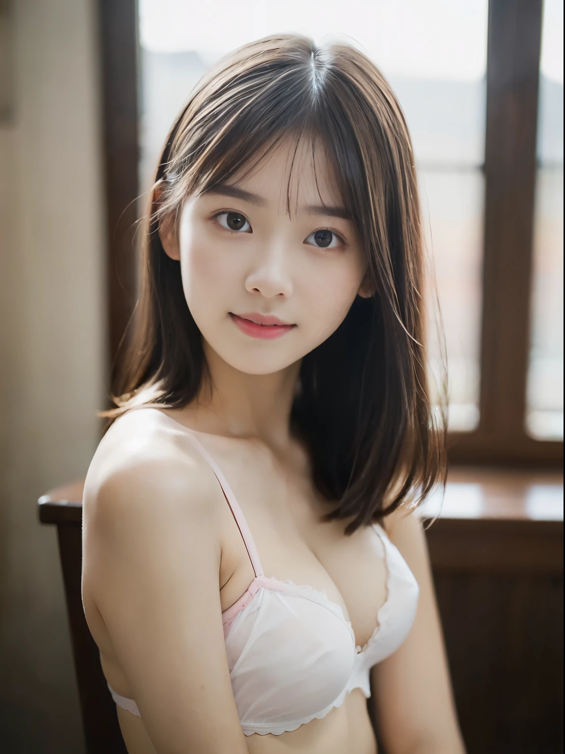 Masterpiece、Raw photography、(((Ultimate Beauty Portrait)))、((glistning skin))、close mouth、no mask、dark brown eye、、highschol、age 15、natake、short bob、((masterpiece、top-quality、ultra-detailliert、intricate-detail、hight resolution、highly detailed))、8KUHD、Digital SLR、Soft light、high quality 、Shallow depth of field、natural soft light、Shy smile , Beautiful skin, ((of the highest quality, 16 K, masterpiece: 1.3)), 1 girl, Light on Face, hyper detailed face, very detailed lips, Detailed eyes、real looking skin、(cotton white panties:1.4)、W sitting、(pink nipples:1.3)