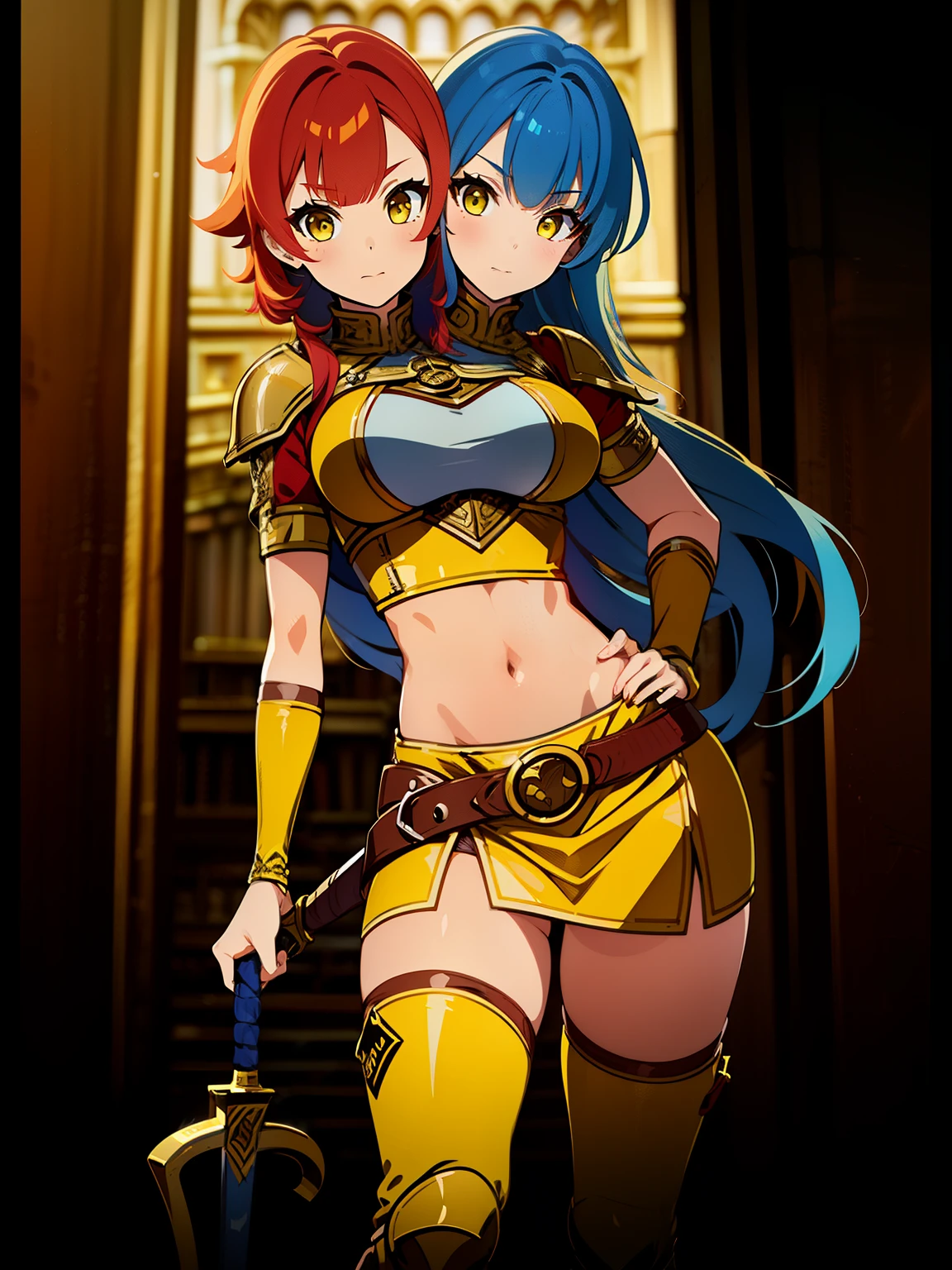 (masterpiece),(ultra-detailed), (high quality), (high resolution), (best quality:1.5, highres, UHD), highres, absurdo, ultra detail, ultra quality, (2heads:1.5), 1girl, (red hair), (blue hair), long hair, unique hairstyles, thighs, (yellow outfit), female warrior, (fully armored), (medieval outfit), sword, gorgeous female warrior, Guild Clothes, RPG fantasy girl, RPG dress, exposed midriff, yellow eyes