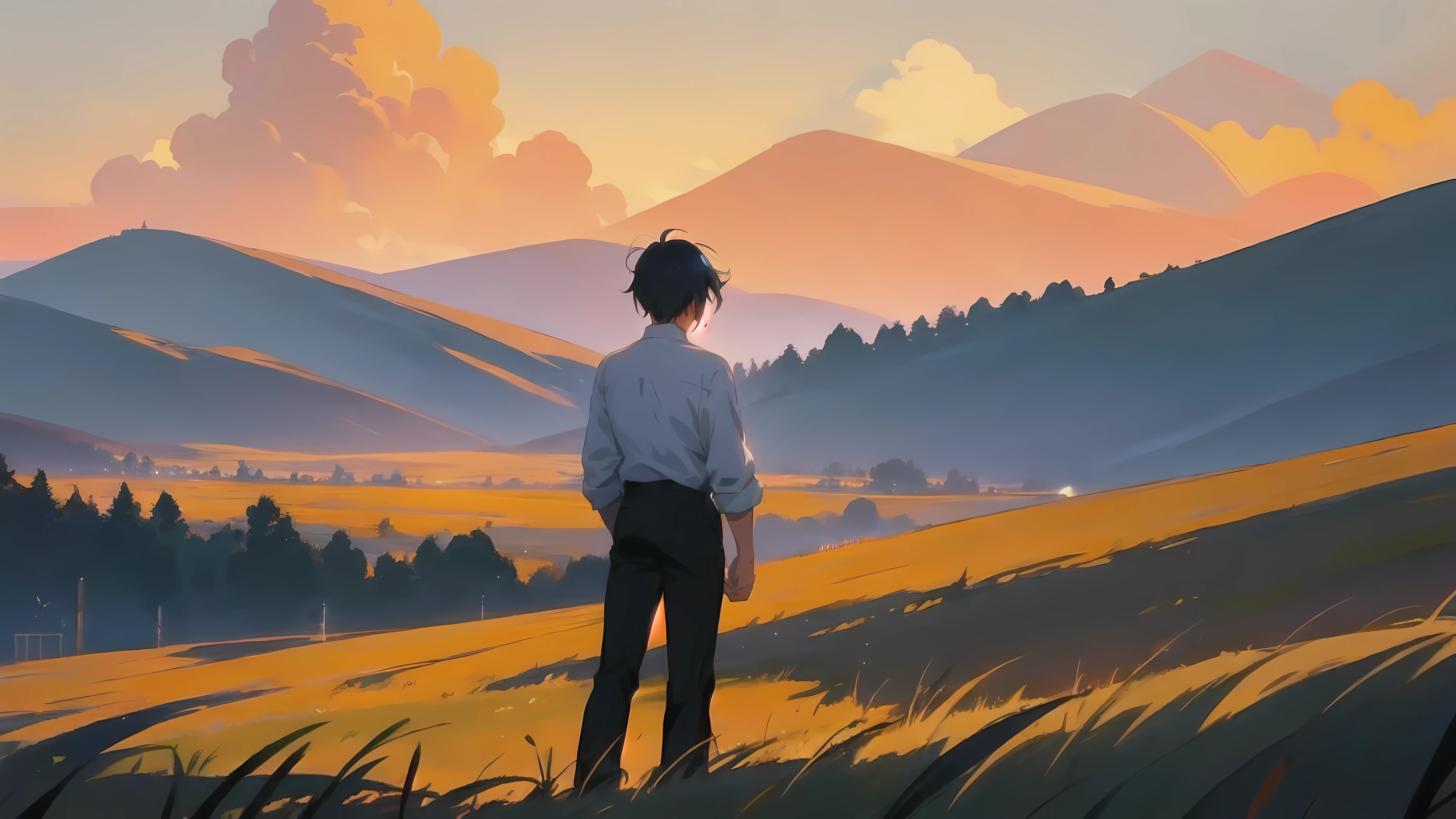 anime, a man standing in a field looking at a mountain, makoto shinkai cyril rolando, ( ( makoto shinkai ) ), greg rutkowski makoto shinkai, style of makoto shinkai, makoto shinkai art style, mokoto shinkai, atey ghailan 8 k, by Alena Aenami, inspired by Atey Ghailan