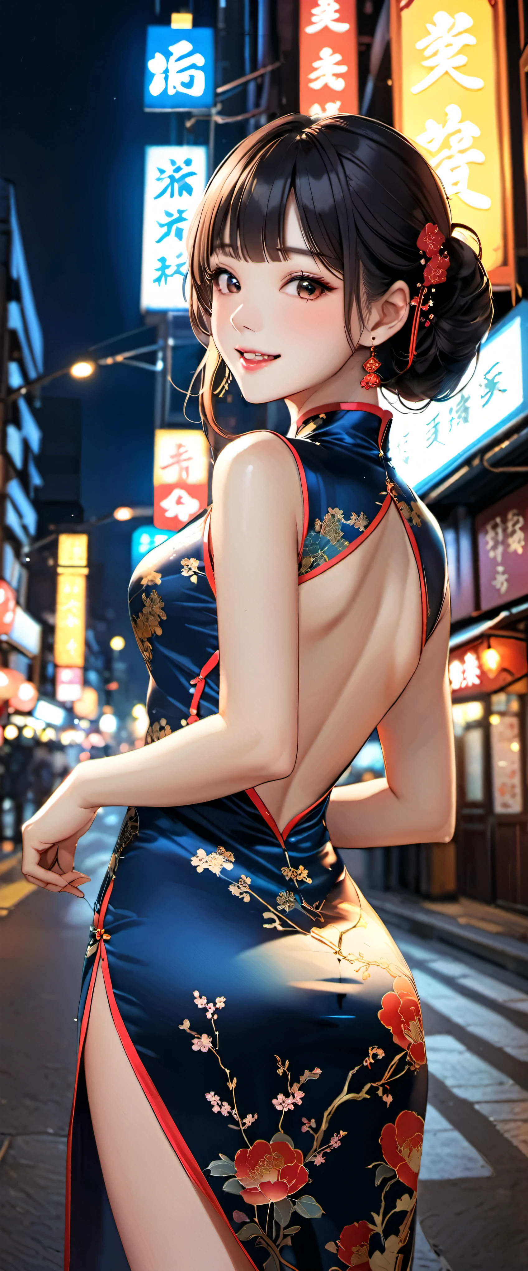 woman,20-year-old,,city,night,(((silk cheongsam dress))),,open mouth smile((black hair)),blush、,((look back))()Reflecting the buttocks