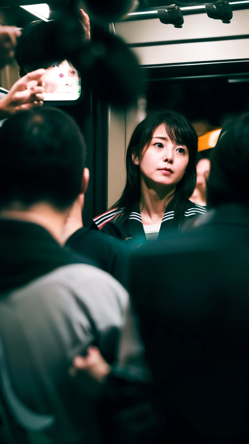 Out of focus boroid photo、very dark lighting、(((crowded train)))、chaos、very crowded、Very close、A Japanese mature woman surrounded by middle-aged men、((she is hidden by the crowd))、all the middle aged men are looking at her、she is being stripped of her sailor uniform