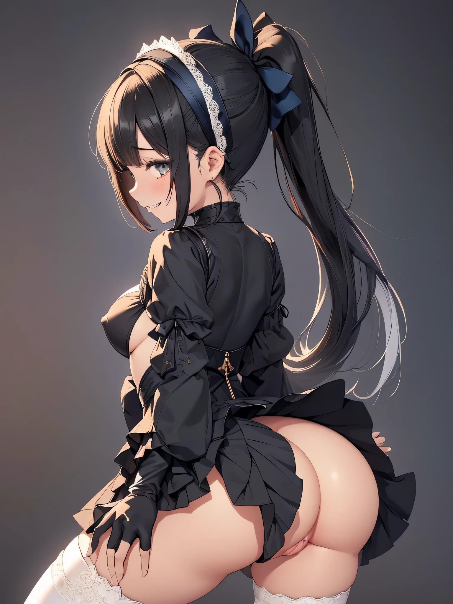 all intricate details: (realistic human, sarashi, haori, fingerless gloves, lift miniskirt holgada, gloves, japanese very short clothes, thighhighs, white thighhighs, pleated skirt, ponytail, chest sarashi, black gloves, hairband, cowboy shot, ribbon, wide sleeves, firm breats, medium breasts, slim build, black hairband, blue skirt, cleavage, green skirt, very lift miniskirt, long sleeves, covered nipples, hair ribbon, hair ornament, Quietly smiling, BLACK BACKGROUND, see vagina , very sexy pose, hot girl, she likes to show chichis nipples, buttock and vagina, hard sex pose, random hard sex angle, see vagina y tanga, golosa sexual, hetero, uncensored, nsfwrandom low back angle)