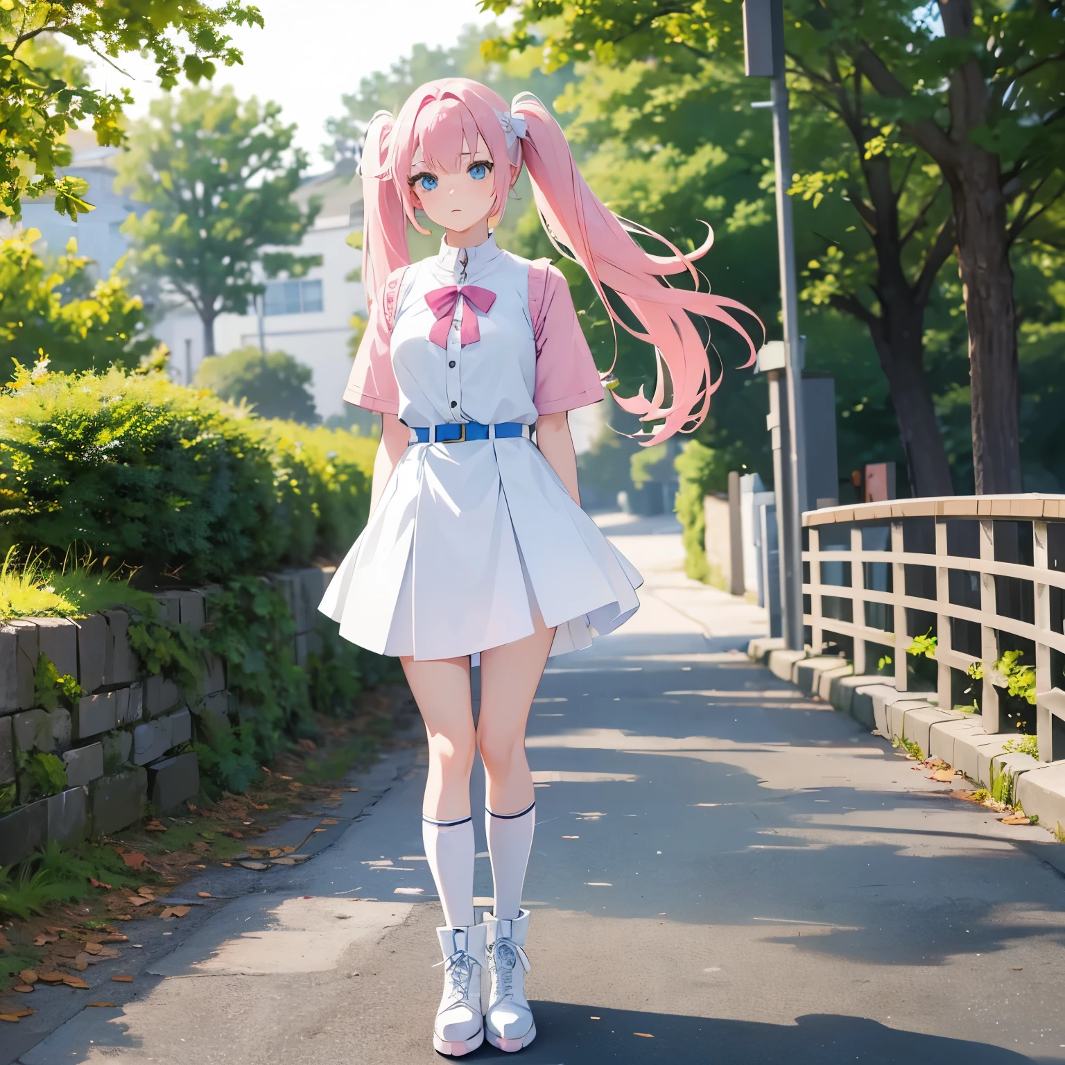 a young female anime character, 17-year-old girl, pink hair, double ponytails, hair length just reaching shoulders, pale blue eyes, pale skin, white idol-style dress, white mini skirt, white knee-high socks, light blue ankle boots, facial expression melancholic, standing confidently and upright posture