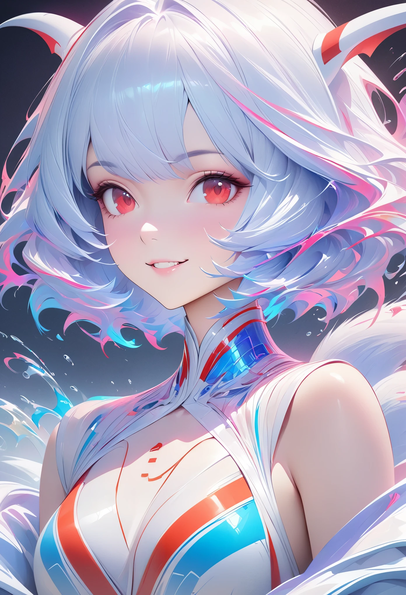 Masterpiece Portrait of Smiling Rei Ayanami (fox demon), fox tail， Caustics, High resolution illustration, Red eyes, feminine, no students, blue hair,  short hair,  Shadow flat illustration, The art of math, Popular topics on ArtStation, Very detailed, fine details, complex, splash, transcend, Auto parts, neon color