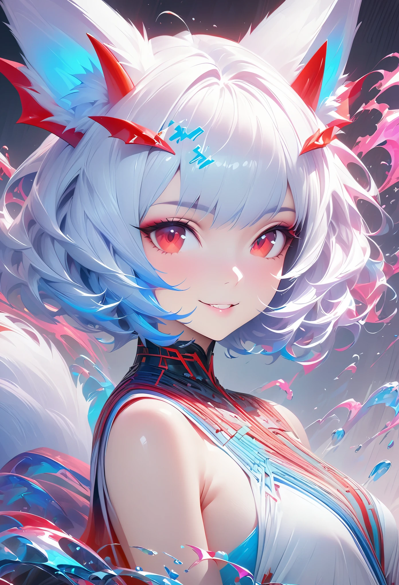 Masterpiece Portrait of Smiling Rei Ayanami (fox demon), fox tail， Caustics, High resolution illustration, Red eyes, feminine, no students, blue hair,  short hair,  Shadow flat illustration, The art of math, Popular topics on ArtStation, Very detailed, fine details, complex, splash, transcend, Auto parts, neon color