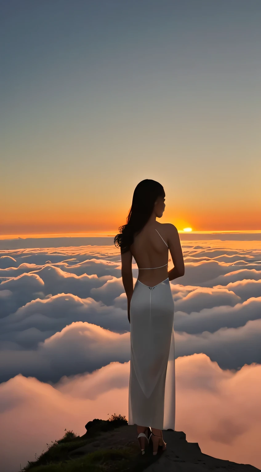 a beauty,Sexy back view,Standing on the top of the mountain,looking at the sunset,watch sunset,Look at the sea of clouds,unparalleled views,