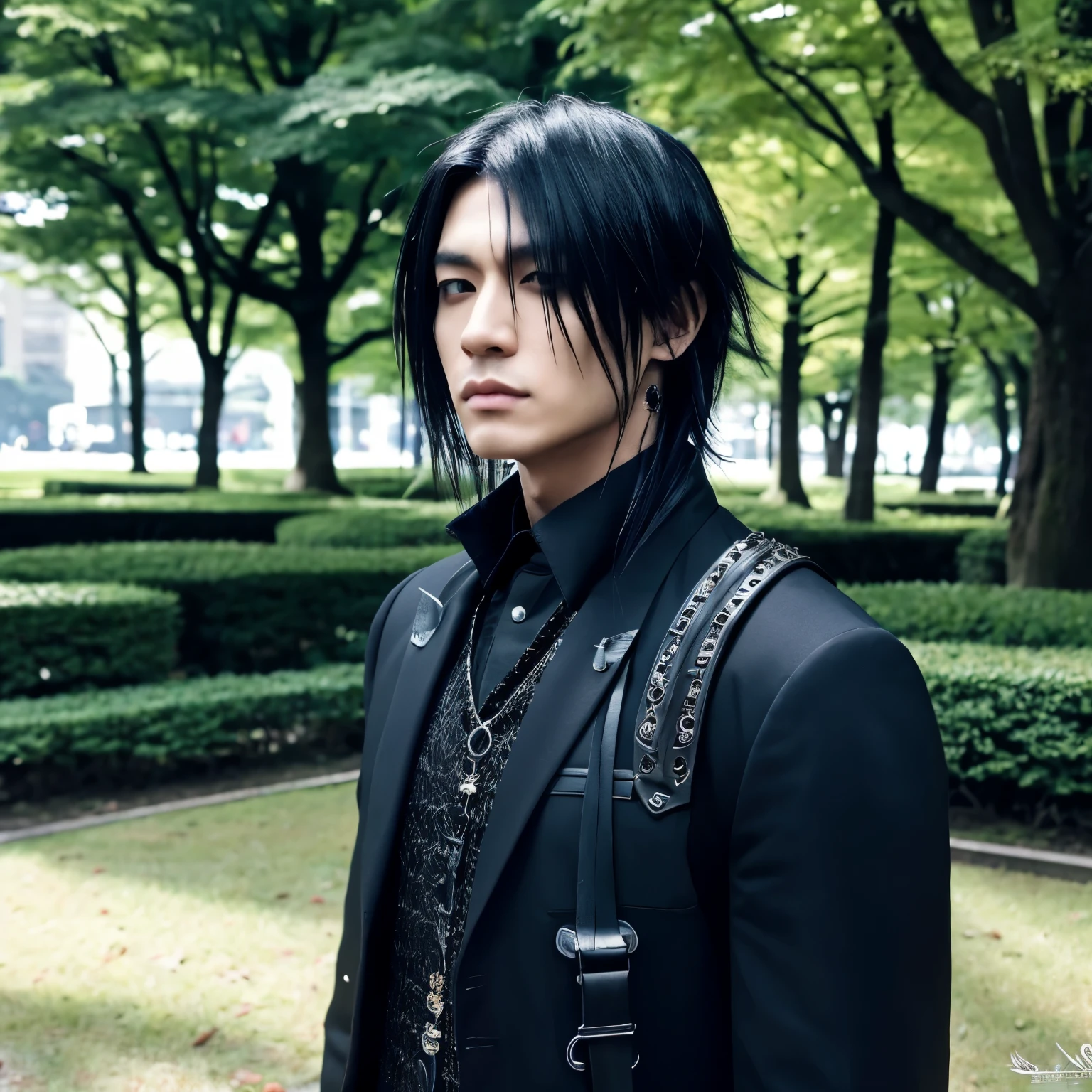1 Mann, masculine, japanischer Mann, Visual Kai Frisur, Ultra detailed face and body, Hyperrealistisch, realistische Darstellung, muscular, breite Schultern, Tattoos gothic style, piercings, Visual Kei Style, Frisur Visual Kei, schwarz, lange Haare, 30 Jahre alt, Alter 30, Outfit gothic streampunk, Herrenhemd und schwarze Hose, asiatische Augen, Augen asiatisch, steht in einem Park in Tokyo Japan, 1 man, male, Japanese man, Visual Kai hairstyle, ultra detailed face and body, hyperrealistic, realistic representation, muscular, broad shoulders, tattoos gothic style, piercings, Visual Kei style, hairstyle Visual Kei, black, long hair, 30 years old, age 30, outfit gothic streampunk, men's shirt and black pants, Asian eyes, eyes Asian, standing in a park in Tokyo Japan, pretty Face, Pretty face