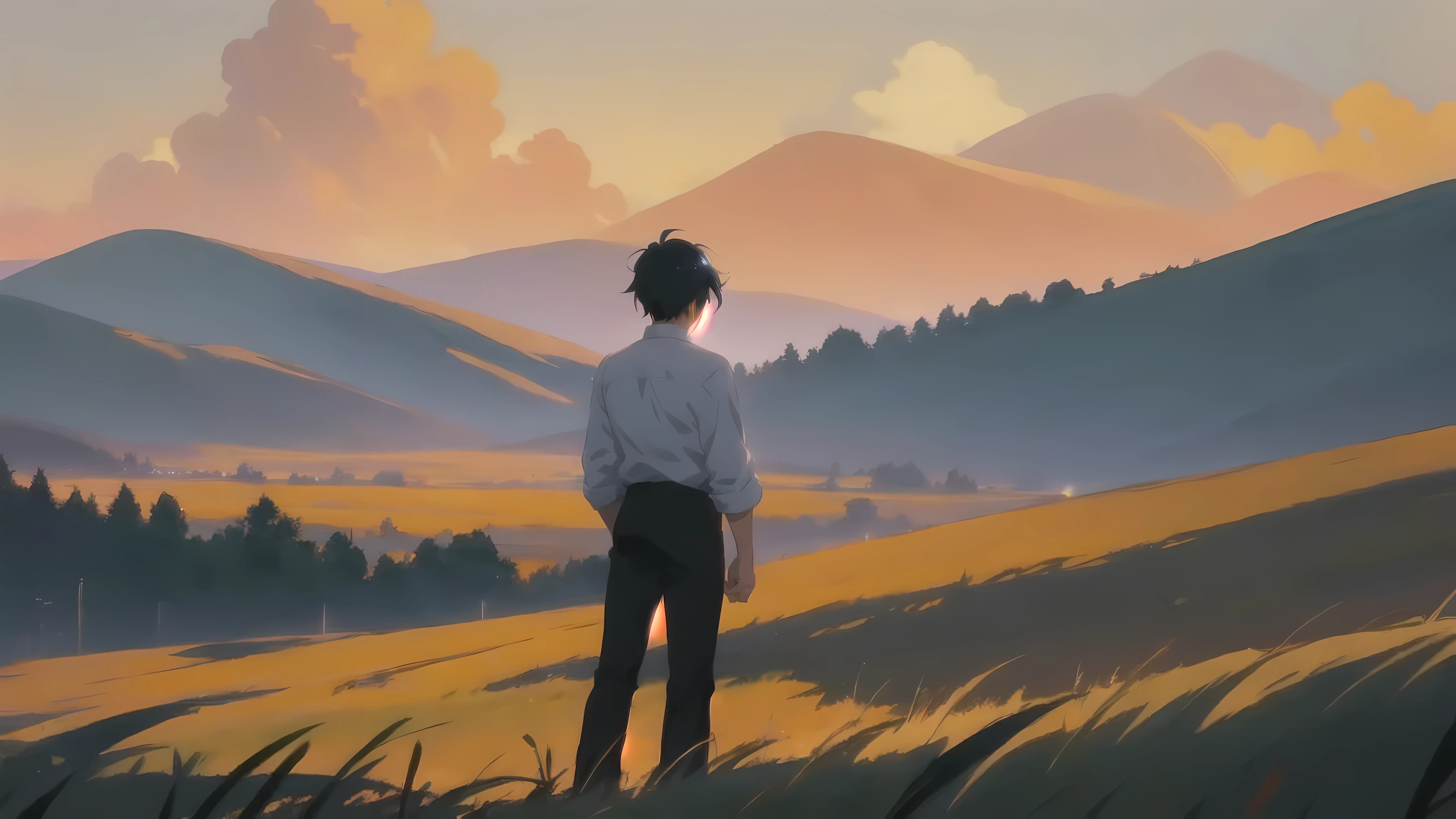 anime, a man standing in a field looking at a mountain, makoto shinkai cyril rolando, ( ( makoto shinkai ) ), greg rutkowski makoto shinkai, style of makoto shinkai, makoto shinkai art style, mokoto shinkai, atey ghailan 8 k, by Alena Aenami, inspired by Atey Ghailan