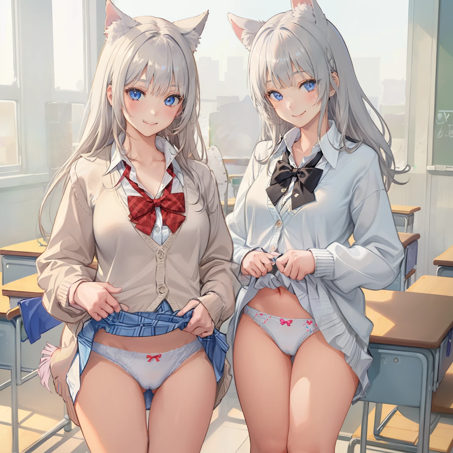 ((1 girl:1.5))、(smile:1.5)、、(cowboy shot)、(fun!!)、(white cardigan:1.5)、(dog ears)、(silver hair)、blush、(long hair)、(eye highlights:1.3)、blake black shoes,(黒いskirt:1.5)、bow, button, shirt with collar, long sleeve, ((red bow tie, ,, white shirt, チェック柄のskirt:1.5、white socks)),, shirt,, skirt, socks, thighs, white shirt, Rest indoors, ((classroom:1.5))、 BREAK while watching the audience、 (perfect hands, perfect anatomy),cowboy shot、(skirtlift:1.3),(highly detailed white panties:1.3)、(highly detailed panties:1.3)、、(skirt that rolls up:1.3)、(fully exposed panties:1.5)、light blue eyes