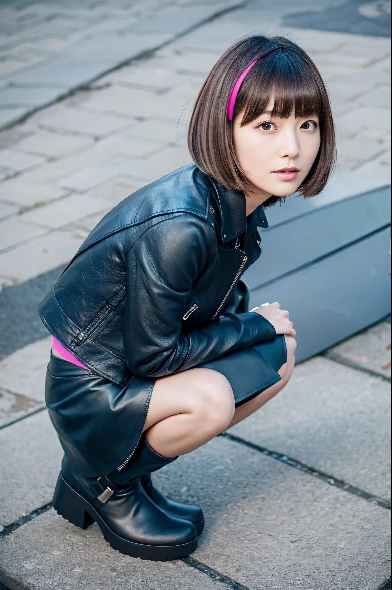 Beautiful girl, leather skirt, leather boots, bob haircut, bangs, eyebrows, short bob, butt, erotic, shaved bob, seaweed cut, long boots, black, light blue, pink