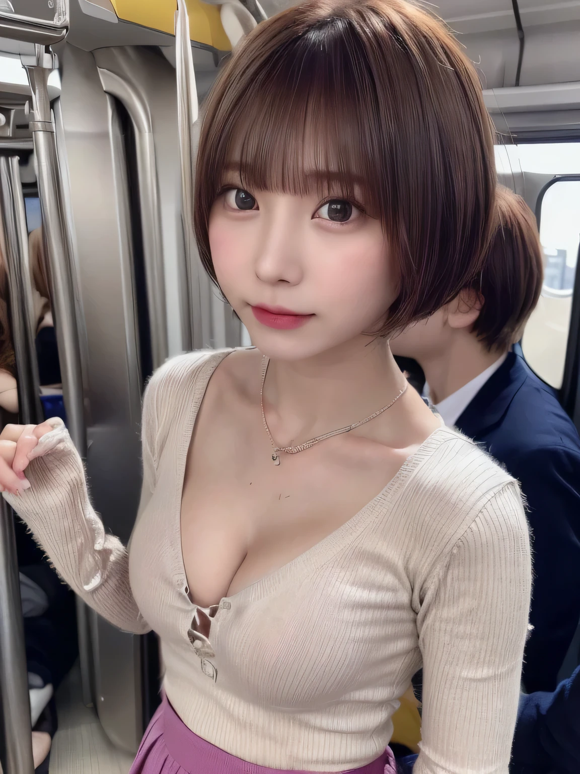 highest quality))、(masterpiece:1.4)、Raw photo、8K、((best image quality))、 ((highest resolution))、ultra fine photo、delicate face、Beautiful face in every detail、very detailed、(one woman:1.3)、realistic、(cute woman:1.3)、(short hair、disappoint one&#39;bangs)、(Beautiful woman)、(small face:1.3)、((long neck))、(pink knit、necklace、bracelet、navy miniskirt、I have a black bag)、(medium breasts:1.5)、((crowded train))、(emphasize cleavage)、((I can see the whole body))、(Angle from above)、orgasm face、shine a light on the eyes