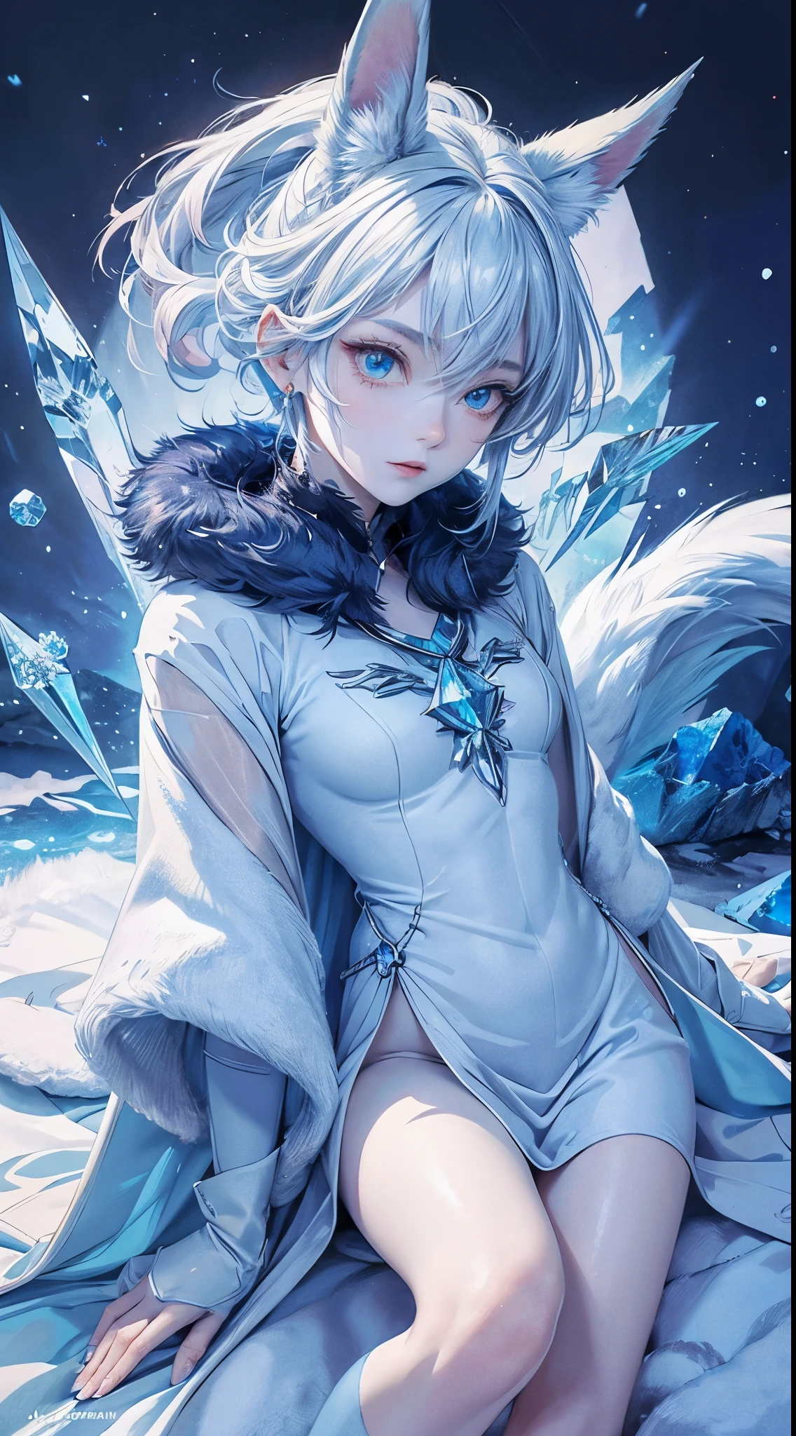 masterpiece, best quality, HD, ultra-detailed, vivid colors, Pokemon Glaceon, furry, humanoid, anthropomorphic, on 2 legs, beautiful detailed eyes, frozen environment, icy blue color palette, ((crystal-like skin with fur)), long fluffy tail and ears, beautiful bangs of hair, curly strands of hair, short hair, ice cloth with mantle, fur coat, fur collar, snowflakes floating around, powerful ice powers, subtle light blue lighting, dramatic pose, on a snowy mountain peak, aurora borealis in the sky, magical atmosphere