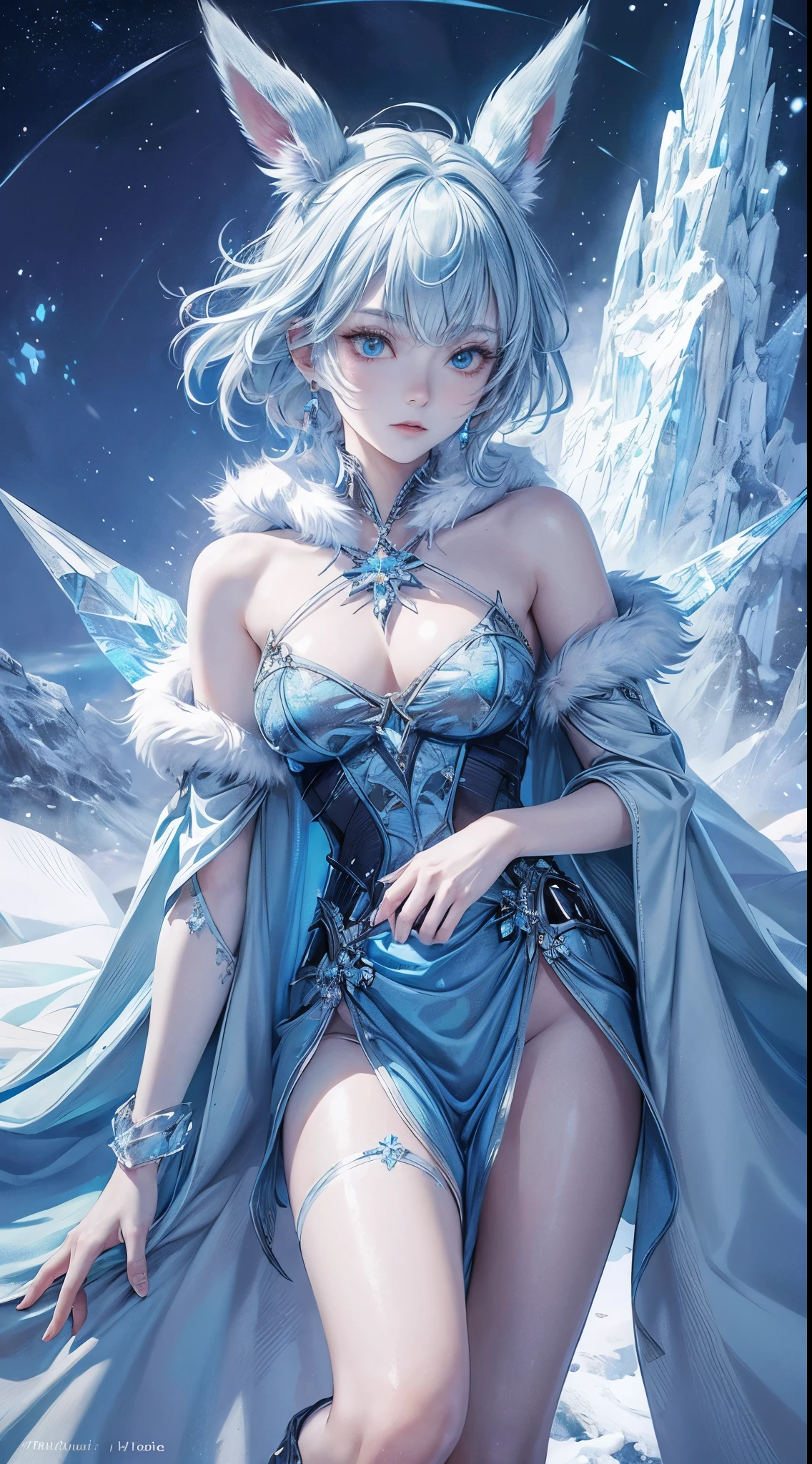 masterpiece, best quality, HD, ultra-detailed, vivid colors, Pokemon Glaceon, furry, humanoid, anthropomorphic, on 2 legs, beautiful detailed eyes, frozen environment, icy blue color palette, ((crystal-like skin with fur)), long fluffy tail and ears, beautiful bangs of hair, curly strands of hair, short hair, ice cloth with mantle, fur coat, fur collar, snowflakes floating around, powerful ice powers, subtle light blue lighting, dramatic pose, on a snowy mountain peak, aurora borealis in the sky, magical atmosphere