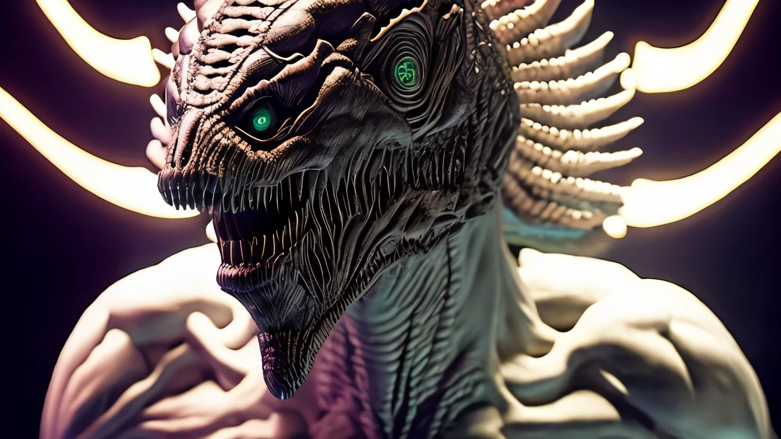MONSTRUO QUE PARECE ALIEN CON LA CABEZA ALARGADA, IN DARK ROOM WITH BRIGHT WHITE EYES, SILUETA DE REPTIL, DE PIEL BLANCA, CON DIENTES GIGANTES LLENAS DE SALIVA Y SANGRE. LA ESCASA LUZ HACE UN JUEGO DE LUCES QUE DELIMITA SUS CONTORNOS.