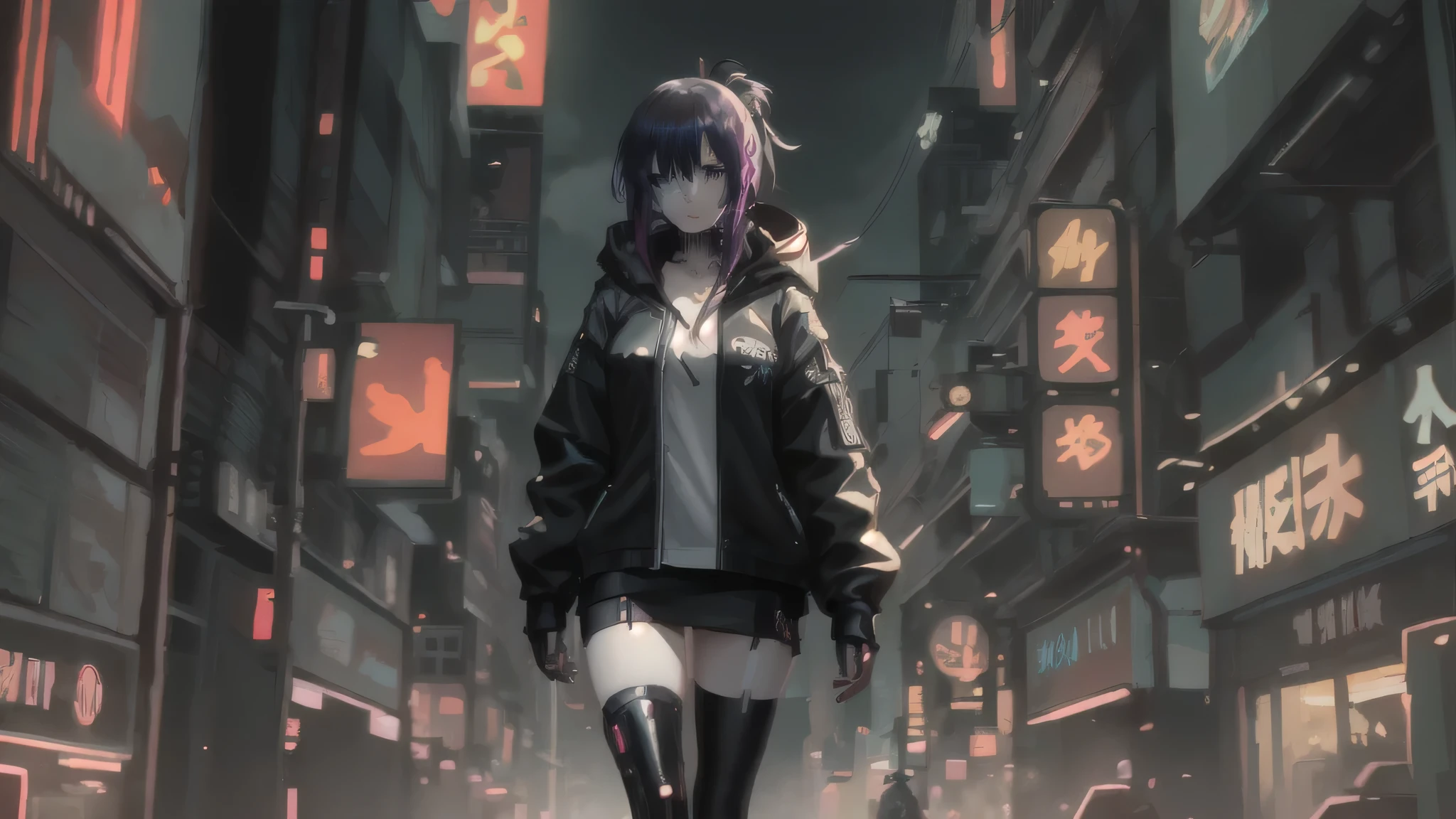 Anime girl in a black jacket and thigh-high boots walking down a city street, cyberpunk anime girl, cyberpunk streetwear, modern cyberpunk anime, anime cyberpunk, anime cyberpunk art, cyberpunk anime art, female cyberpunk anime girl, wearing cyberpunk streetwear, cyberpunk anime girl in hoodie, Digital Cyberpunk - Anime Art, cyberpunk atmosphere, digital cyberpunk anime art, cyberpunk atmospheres, cyberpunk art style