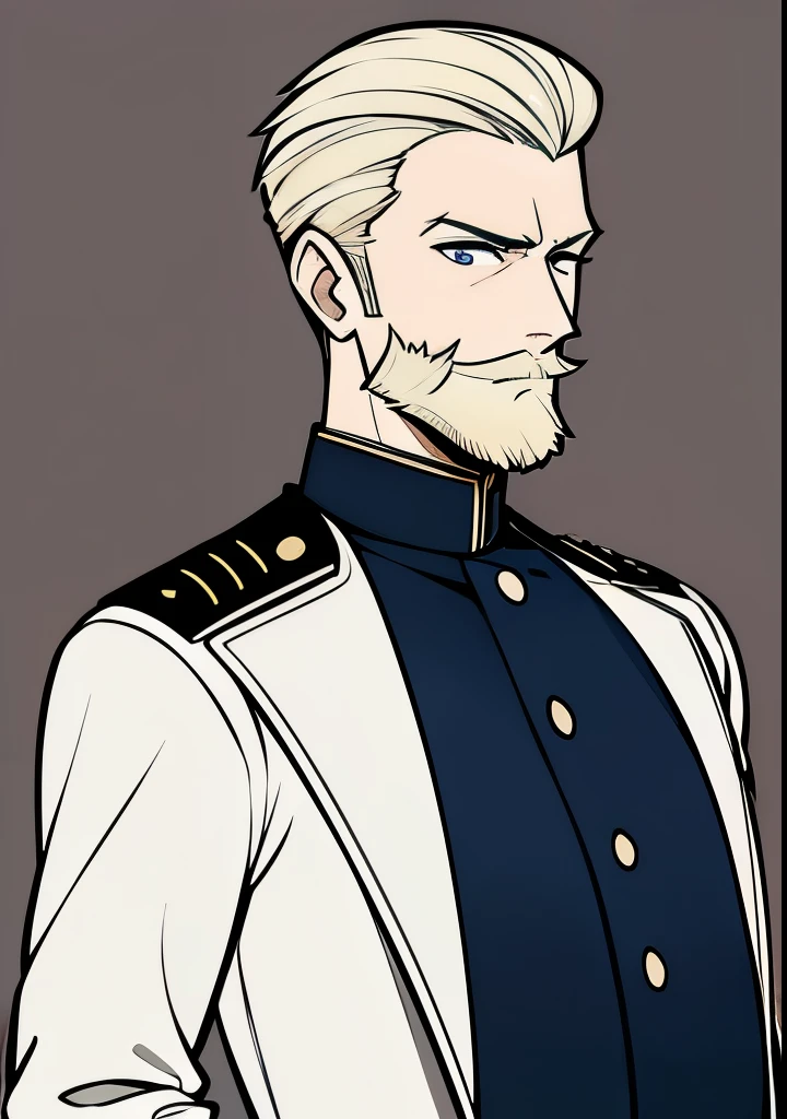 Young Adult male, white and tender skin, pale blonde slicked back combed short hair, kaisermustache, ducktail beard, steel blue eyes, green and slightly mature, serious and emotionless facial expression,wearing world war 2 era german fatigues, portrait style, facing forwards