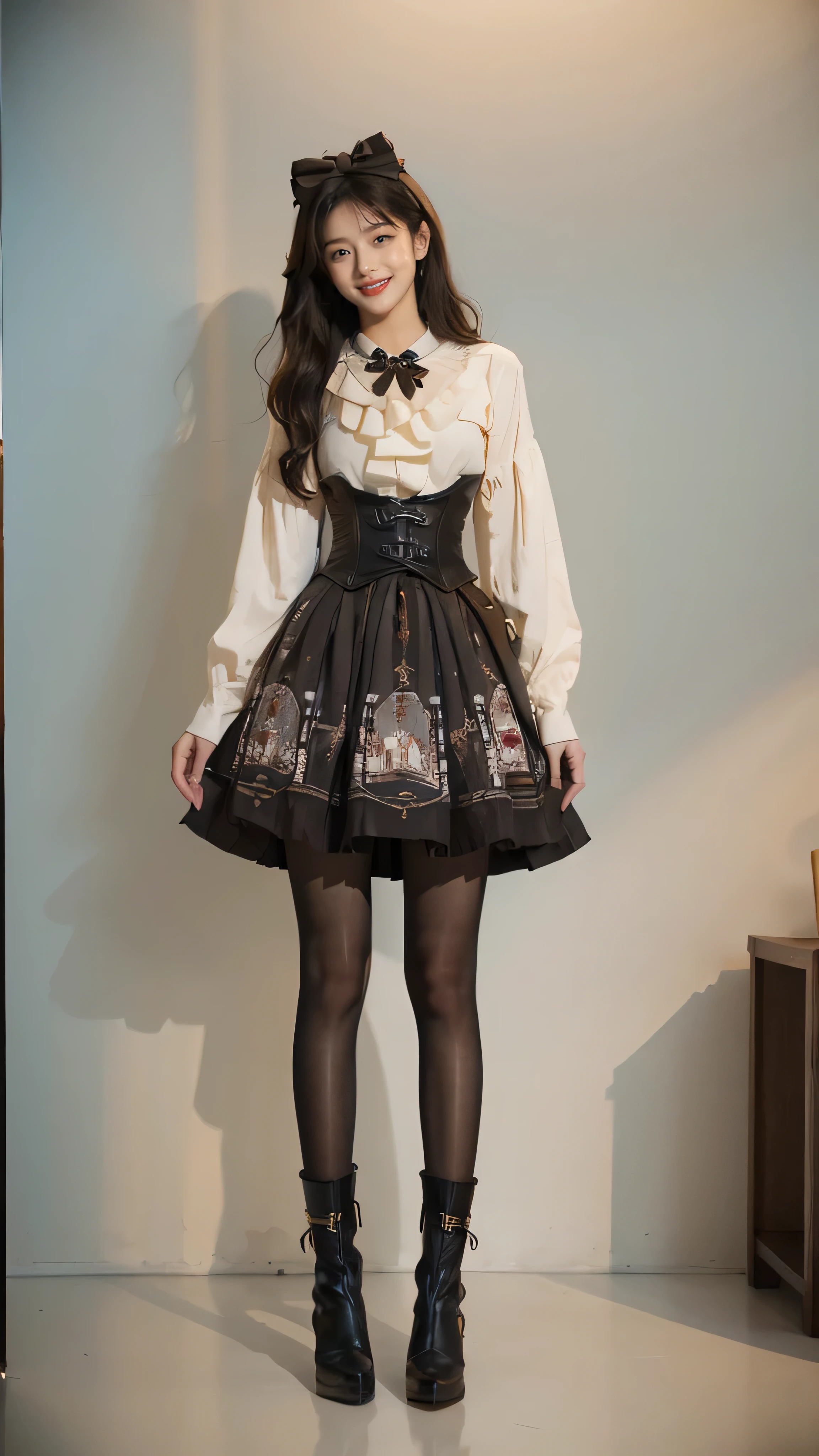 (masterpiece, best quality, realistically, Work, super detailed, 8K), ((Wide-angle lens, whole body女爱)), 1 girl,Light makeup,Exquisite facial features,Smile,whole body, big breasts,Old clothing, printed dress, White shirt, corset, long sleeve, collar, bowtie, black pantyhose, high-heel boots, Simple background ,front standing posture ,Face the audience,whole body肖像,