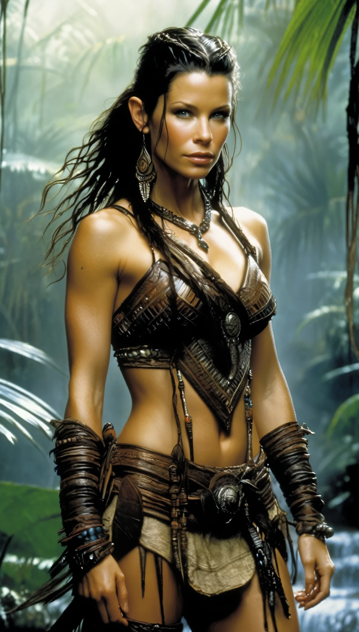 (Evangeline Lilly:DuaLipa), tribal warrior, masterpiece, jungle in the background, cowboy shot, dark fantasy, intricate, highly detailed, by luis Royo.