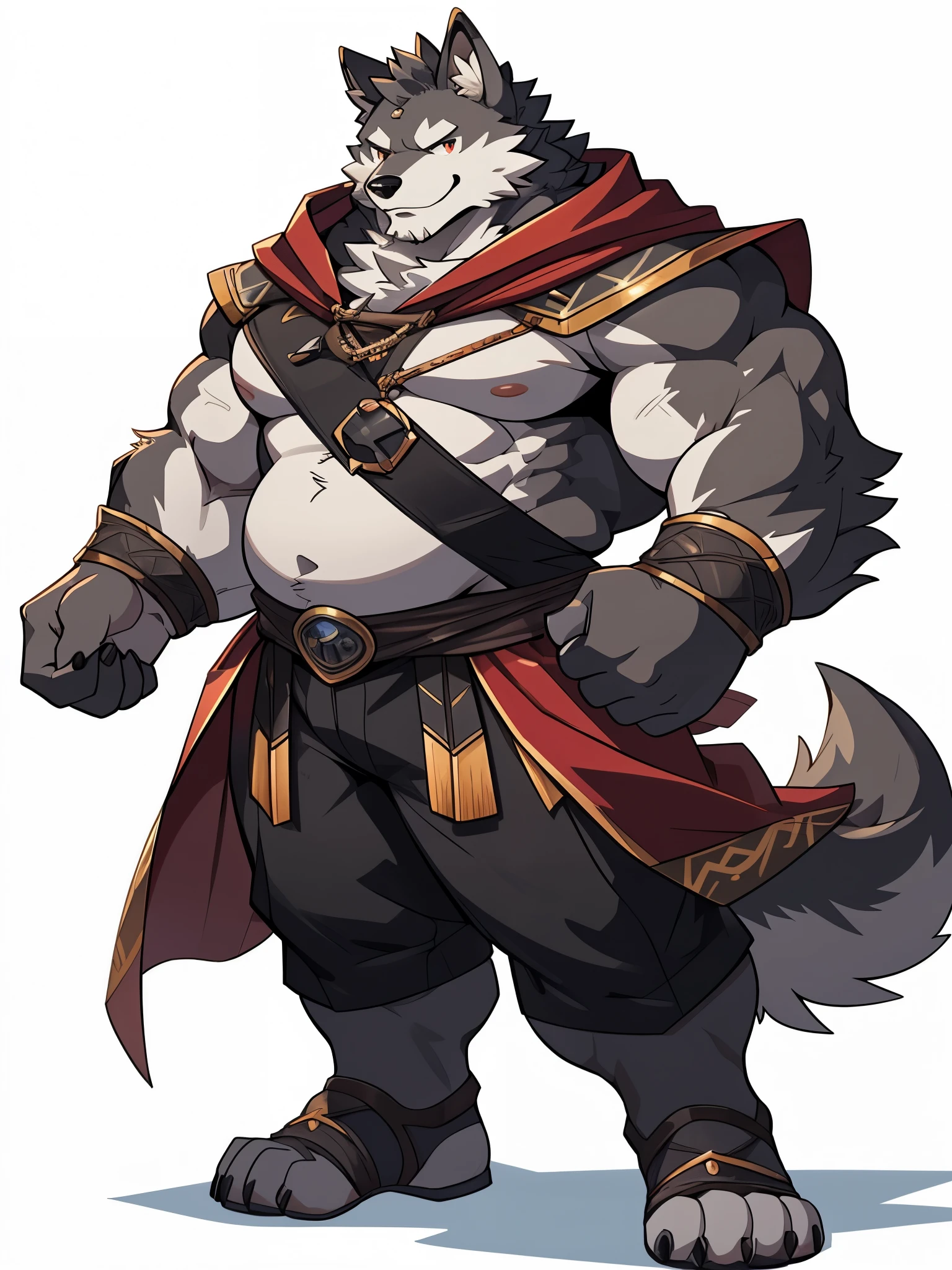 (ultra detailed), sharp focus, niji, eyesgod, furry, (gray-black fur:1.5), white beard, anthro (wolf), male, middle-aged, white belly, (((muscular))), (endomorph body type:0.2), not too fat, BREAK ((warrior costume, long red cherry cloak)), ultra detailed face, high details, high quality, (best quality,4k,8k,highres,masterpiece:1.2), (close up:1.3), by takemoto arashi, by kulplant, dynamic lighting, smile, concept art, concept art comic, ((character sprites)), cartoon style, (full body:1.4), lineart, looking at viewer, highres, hands holding belly, character game spirite, pastel color, (white background), soft color