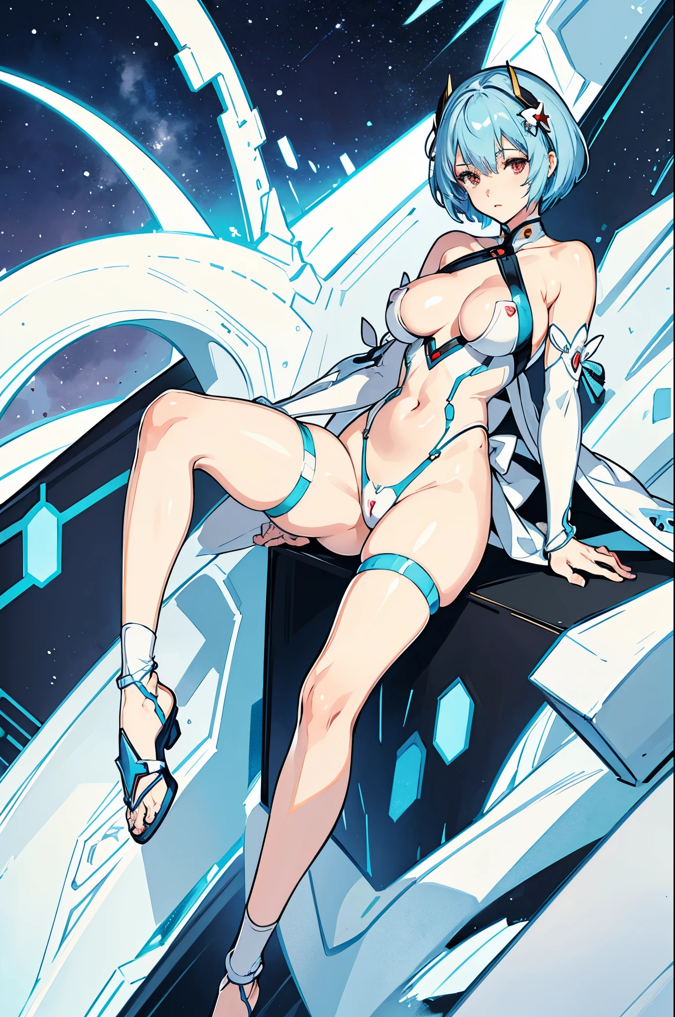 Rei Ayanami's face。An illustration。girl。I'm in heat。short hair。big breasts。side。pubic hair。nipple。exposed。fantasy。ancient europe。armor。hy。front。white skin。sitting。legs open。glaring at。