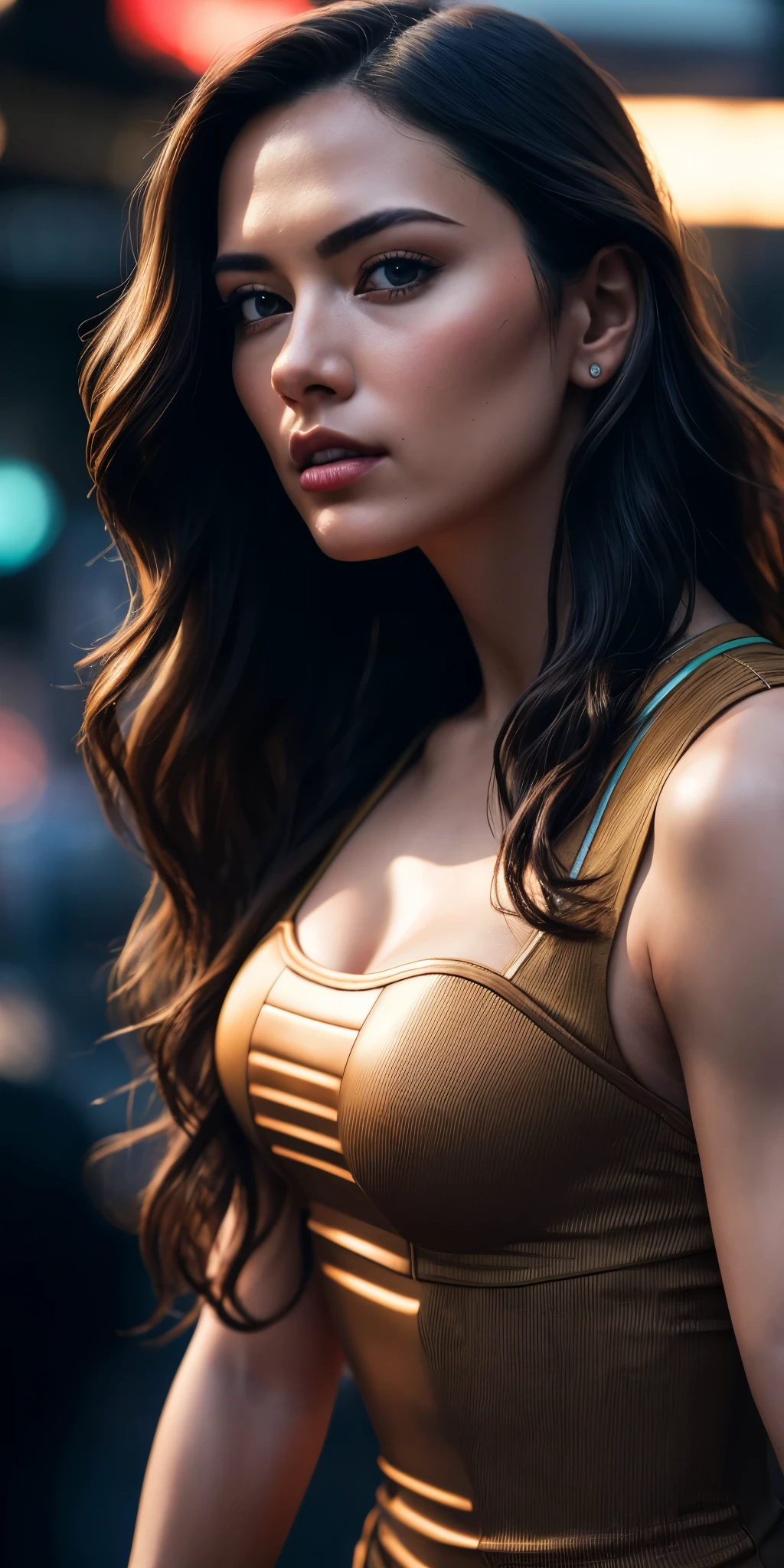 Full face portrait photo of a 25-year-old European girl, RAW, beautiful woman, semi-open strawberry lips, dimples, wistful look, (extra long wavy brown hair), ((detailed face)), ((detailed facial features)), (finely detailed skin), pale skin, (deep neckline detailed high-tech cyberpunk dress), cyberpunk megacity environment, (cool colors), damp, damp, reflections, (masterpiece) (perfect proportion)(realistic photo)(best quality) (detailed) shot on a Canon EOS R5, 50mm lens, F/2.8, HDR, (8k) (wallpaper) (cinematic lighting) (dramatic lighting) (sharp focus) (intricate), RAW photo, RAW photo, gigachad photo, posing for camera, black jeans, back arms, 8k uhd, dslr, high quality, grain film, Fujifilm XT3, film stock photography 4 kodak portra 400 camera f1.6 lens rich colors hyper realistic texture dramatic lighting unrealengine trend in artstation cinestill 800 tungsten, toughboy style, ultra focus face, intimidating, in fighting position, short messy hair, muscular, bursting veins, beaded