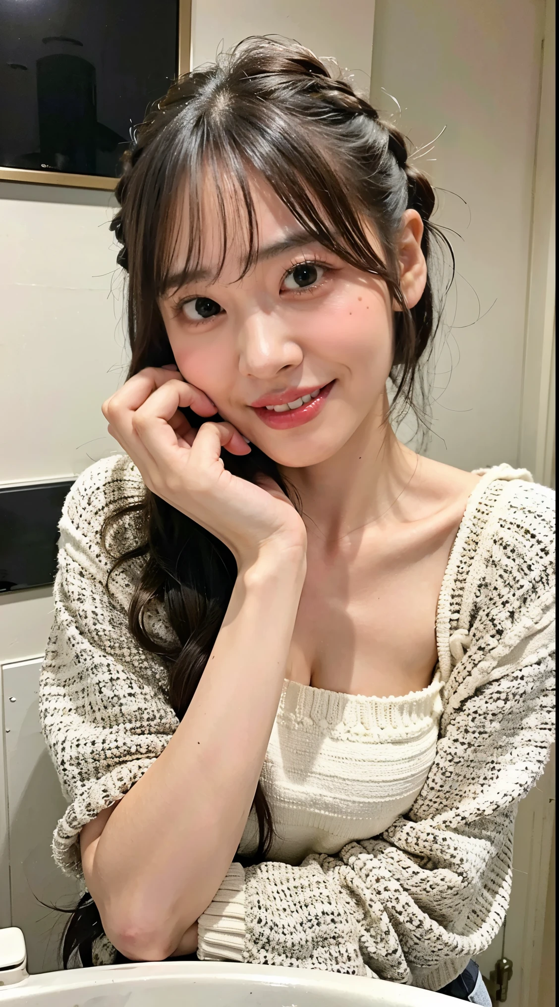 (8K、Raw photo、highest quality、masterpiece:1.2)、(realistic、Photoreal)、Korean beauty、(very big breasts:1.1)、long sleeve black knit、stylish black knit、perfect limbs、natural smile、detailed expression、detailed facial expressions、beautiful woman with perfect figure、Taking a selfie in the bathroom mirror、I am using iPhone15