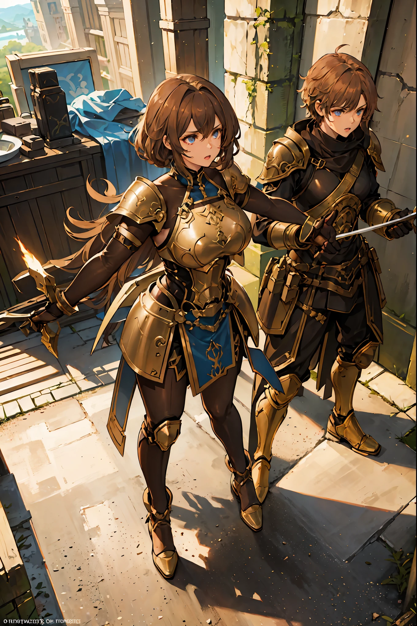 A beautiful guardian lady with light brown hair and blue eyes, wearing a full-body combat armor, standing in a fighting pose. The artwork is of masterpiece quality, with the highest resolution of 8K. The lighting is dramatic, enhancing the intensity of the scene.