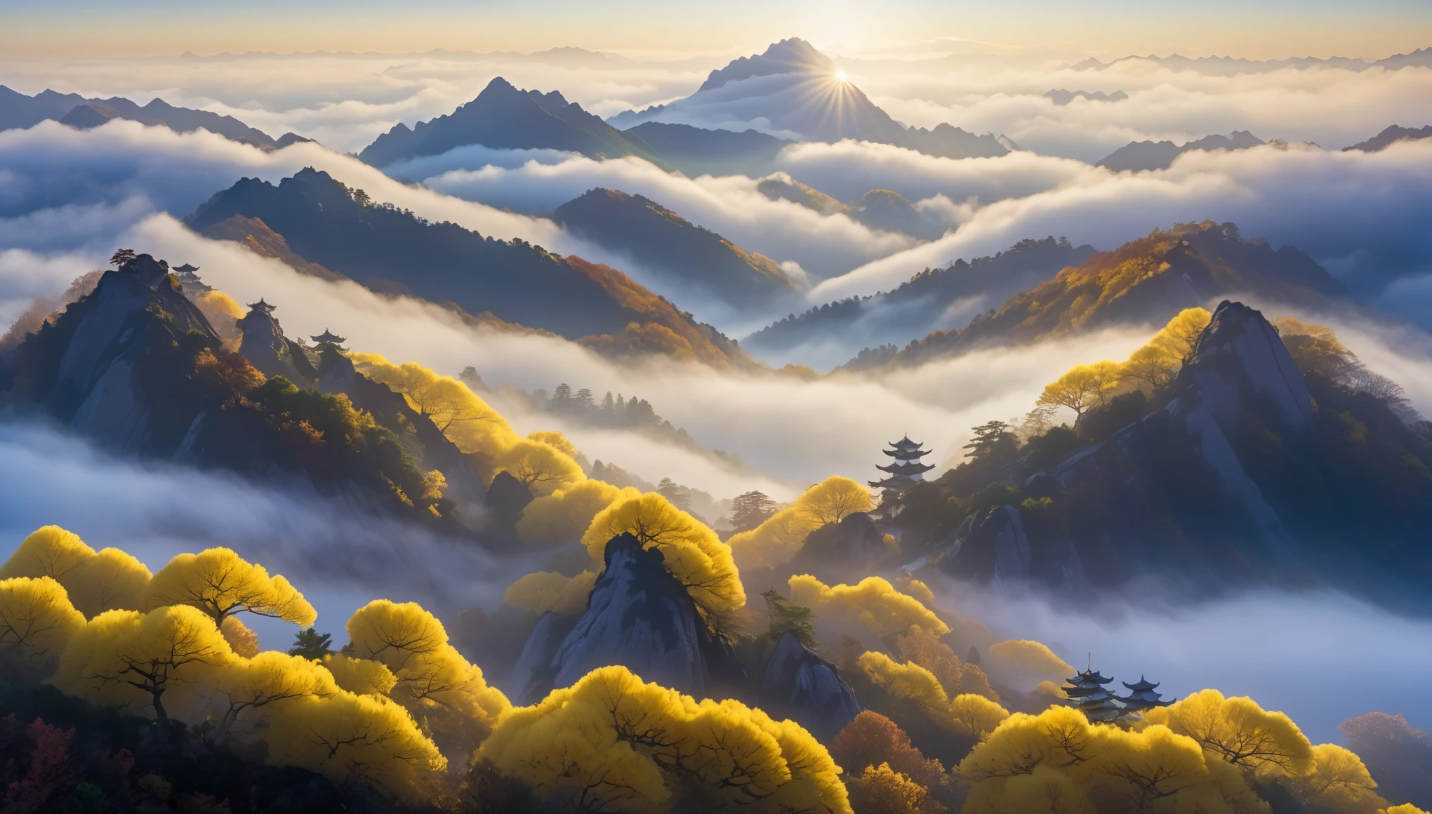 Mountains shrouded in fog and low clouds々and mountains in the distance,sunrise，mystery, A ginkgo tree with yellow leaves in the foreground, Monte. , billowing fog, layered fog, it&#39;s foggy, foggy clouds, Mountains on it&#39;s foggy , it&#39;s foggy、masterpiece、top quality、Detailed depiction