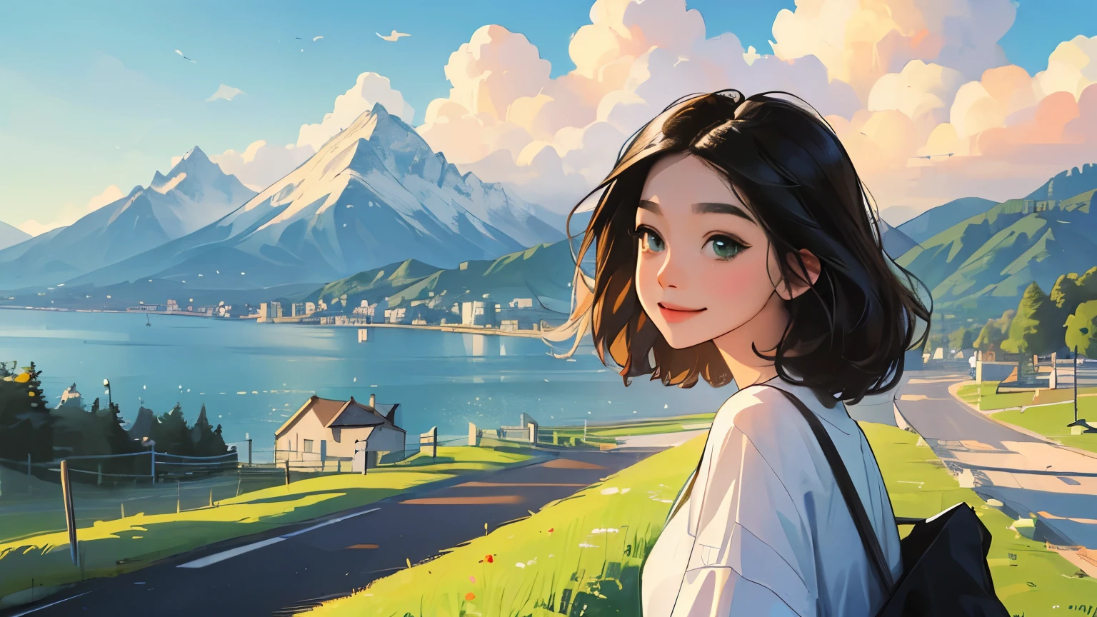 ((masterpiece)),(((bestquality))),((ultra-detailed)) realisticlying, 1 girl, Beautiful, black hair, happy, The sky morning, looking to viewer, soft green, city, road, mountain. sky blue.