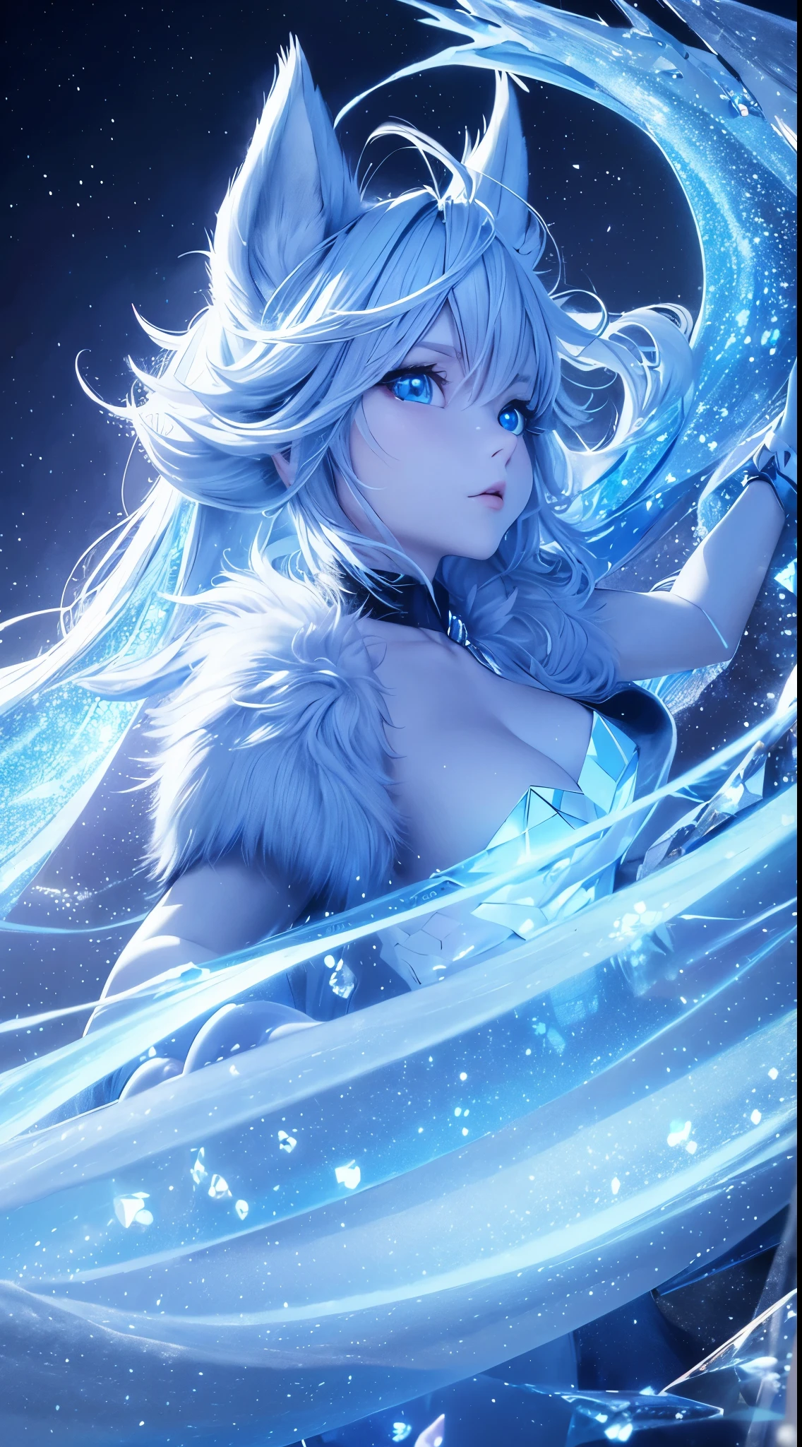 masterpiece, best quality, HD, ultra-detailed, vivid colors, Pokemon Glaceon, furry, humanoid, anthropomorphic, on 2 legs, beautiful detailed eyes, frozen environment, icy blue color palette, ((crystal-like skin with fur)), long fluffy tail and ears, beautiful bangs of hair, curly strands of hair, short hair, ice cloth with mantle, fur coat, fur collar, snowflakes floating around, powerful ice powers, subtle light blue lighting, dramatic pose, on a snowy mountain peak, aurora borealis in the sky, magical atmosphere