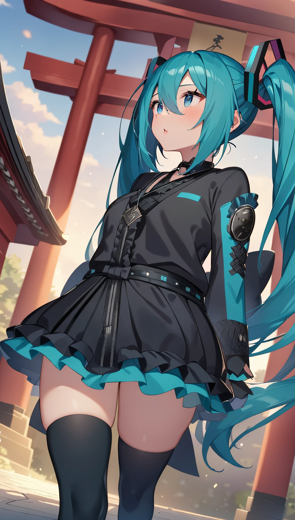 High level image quality，perfect anatomy、miku hatsune、pretty girl、gothic ****ta fashion、Super delicate illustration、light blue hair，Beautiful gray eyes、small nose、plump lips、黒いgothic ****ta fashion、black knee socks、Hatsune Miku、highest quality、ultra high resolution、master piece:1.5、medium depth of field、Natural light、anime，blurred background、The background is a Japanese shrine，Izumo Taisha、big shimenawa、torii、