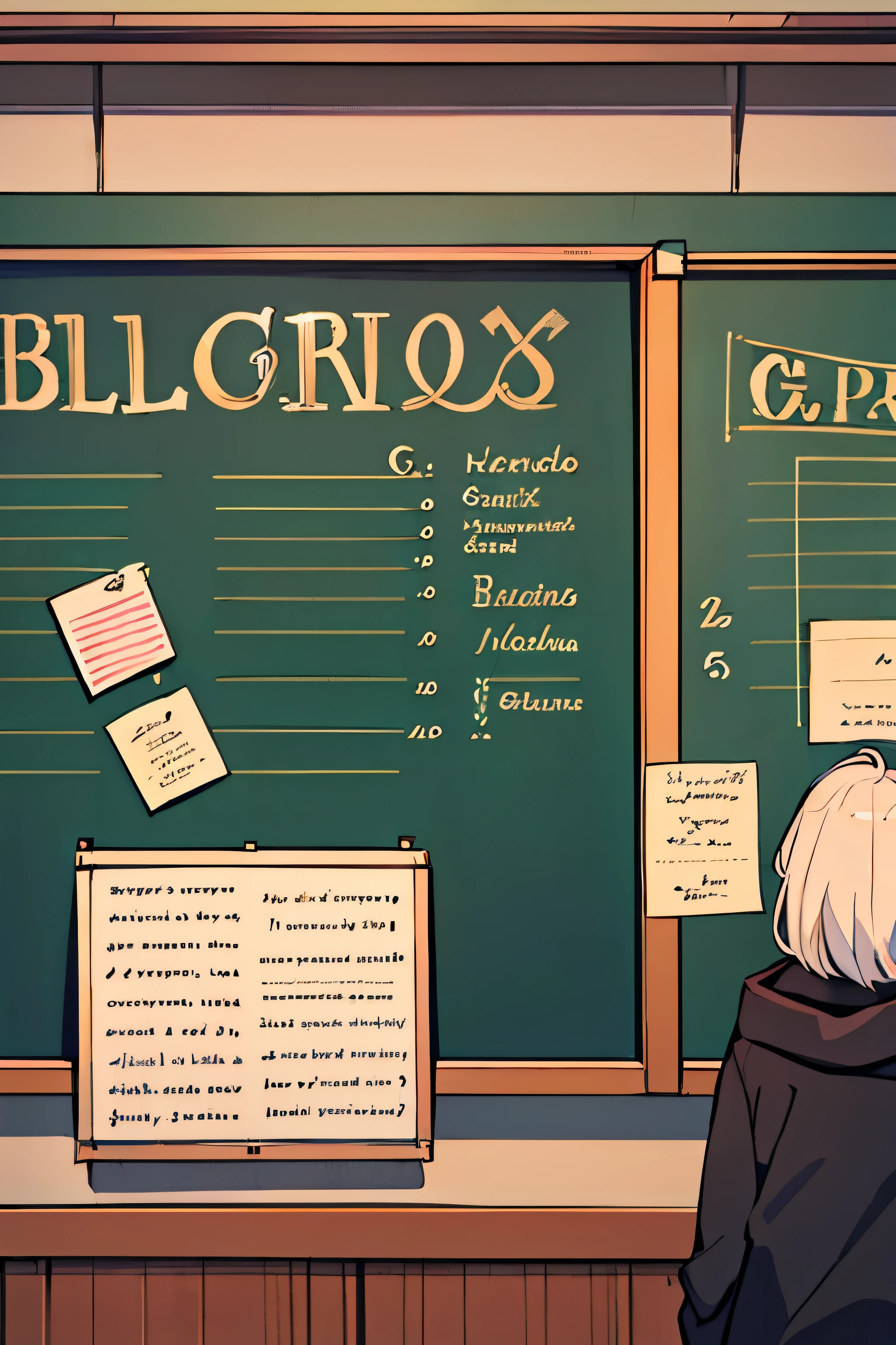 There are two English letters on the blackboard,capital letter GR,Colorful GR letters