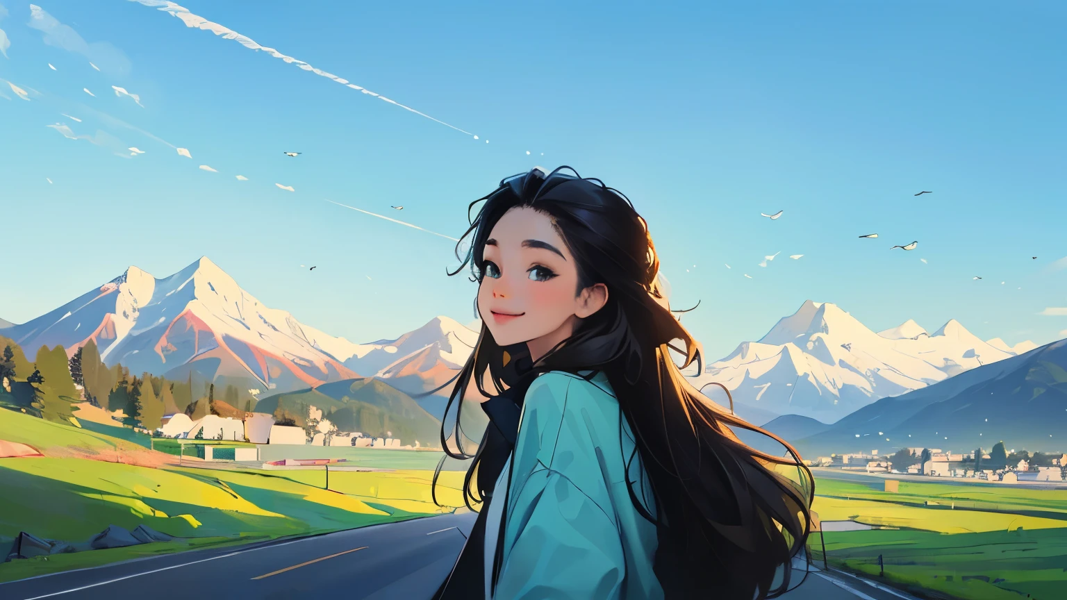 ((masterpiece)),(((bestquality))),((ultra-detailed)) realisticlying, 1 girl, Beautiful, black long hair, happy, The sky morning, looking to viewer, soft green, city, road, mountain. sky blue.