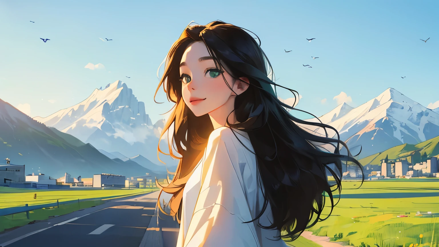 ((masterpiece)),(((bestquality))),((ultra-detailed)) realisticlying, 1 girl, Beautiful, black long hair, happy, The sky morning, looking to viewer, soft green, city, road, mountain. sky blue.