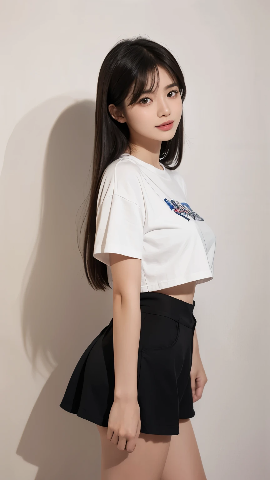 (Reality, high resolution:1.3),asian women, girl with perfect figure, The face shape and eyes are super delicate,long hair bangs, shorts, short skirt,huge breasts,huge ,super big breasts,Super big,Round neck T-shirt,Crewneck shirt,gentle smile