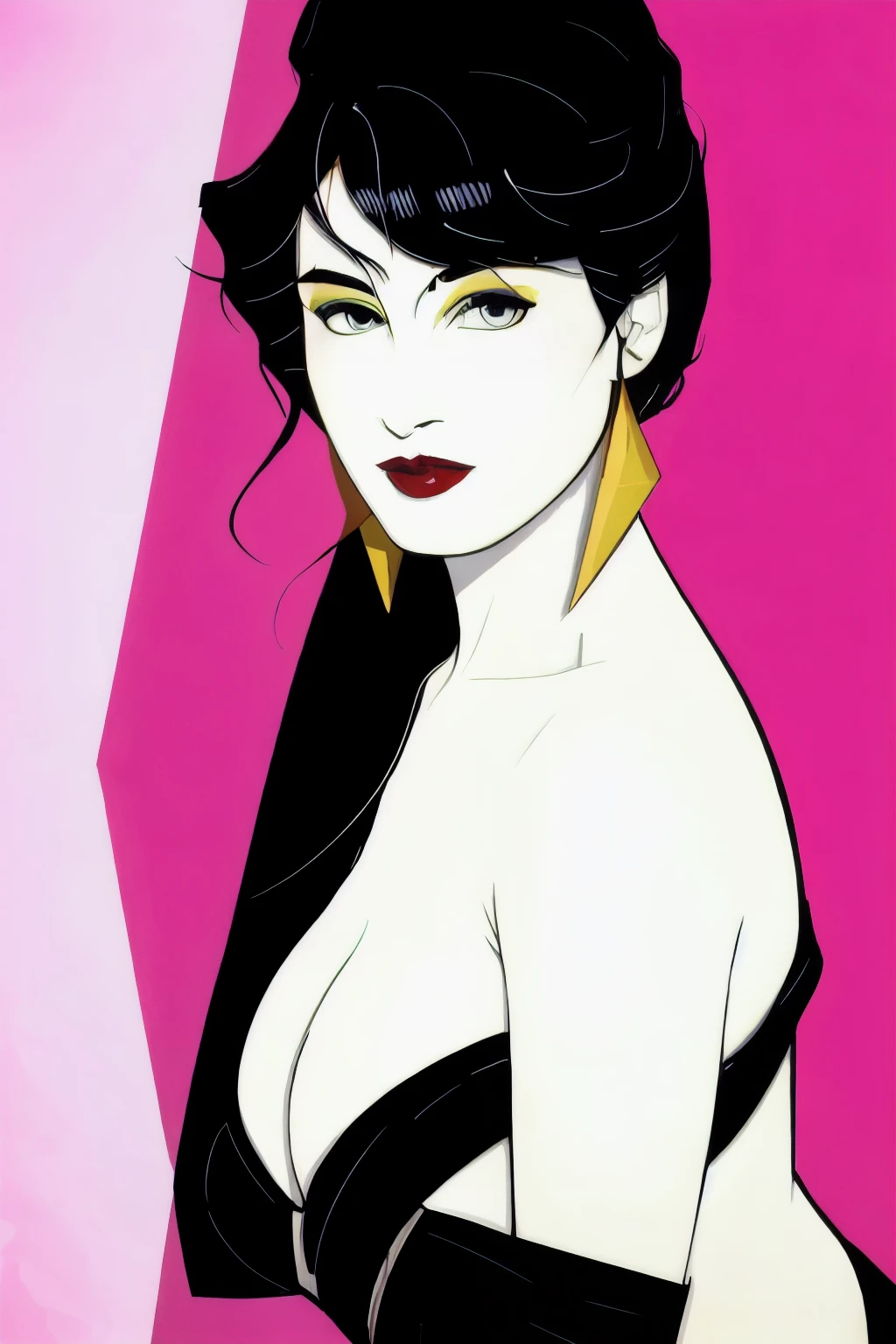 (Masterpiece art:1.1), (最high quality), Woman with strapless dress and lipstick, on retro background, With art style by Patrick Nagel, beautiful, highly detailed painting, (highly detailed incline), (detailed face), (fine eyes:1.1), (perfect body), model shoot, professional photography, official art, synthwave, neutral, 8K, hd, high quality,  Award history,