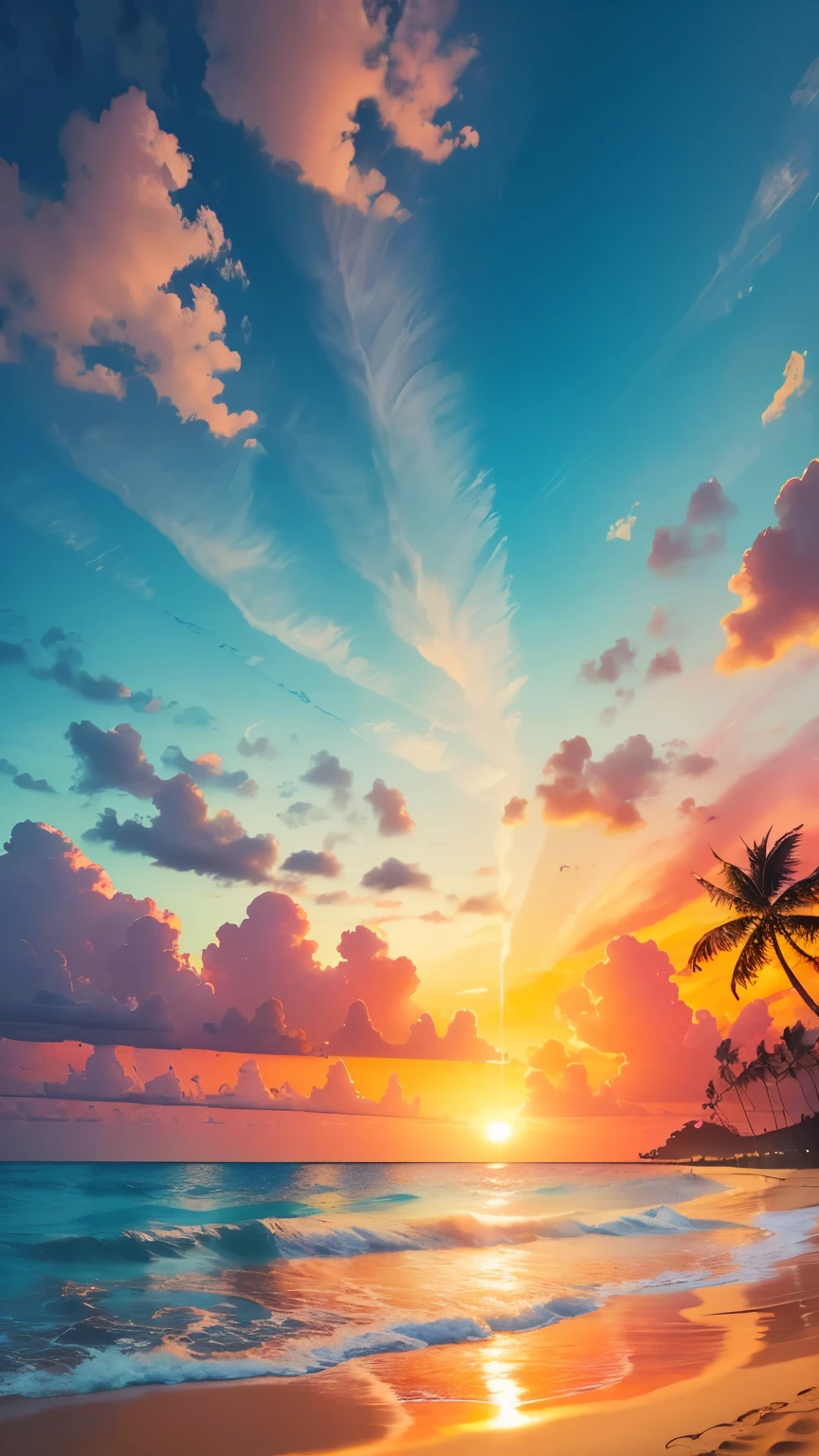 Create a 4K 9:16 image that depicts a stunning sunrise on a tropical beach, with gentle waves and palm trees along the coast. The color palette should be vibrant and convey a sense of renewal and positive energy.  