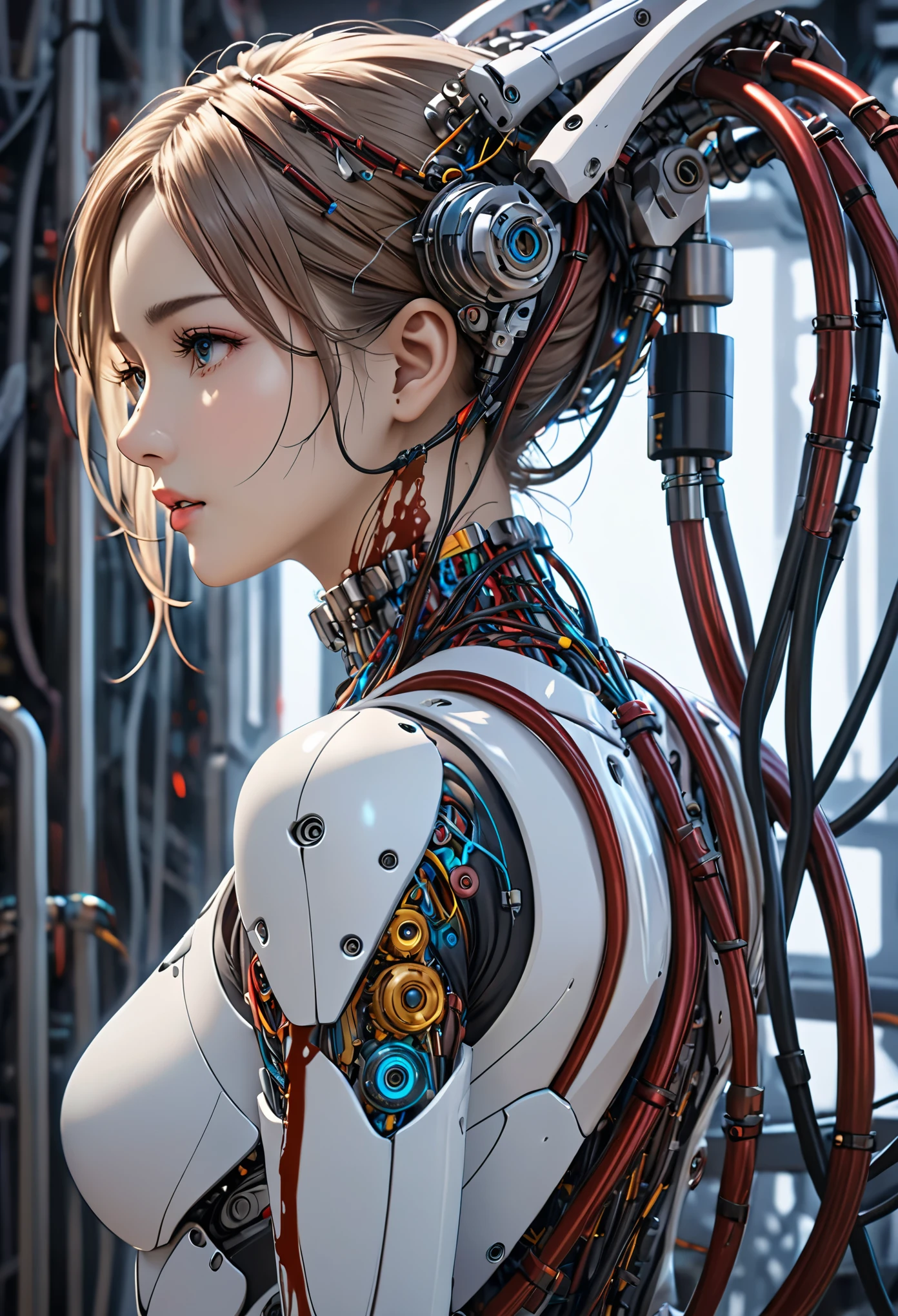 (((masterpiece))), (((highest quality))), ((Super detailed)), (Detailed CG illustration), ((very delicate and beautiful)),(cute delicate face),cinematic light,((1 mechanical girl)),alone,full body,(machine made joint:1.4),((mechanical limbs)),(exposed muscles),(blood vessels connected to tubes),(brain in a container:1.3),((mechanical spine attached to the back)),((Mechanical cervical spine attached to the neck)),((sitting)),No expression,(Wires and cables attached to the head and body:1.5),small breasts,short hair,(character focus),SF(((fighting pose)))