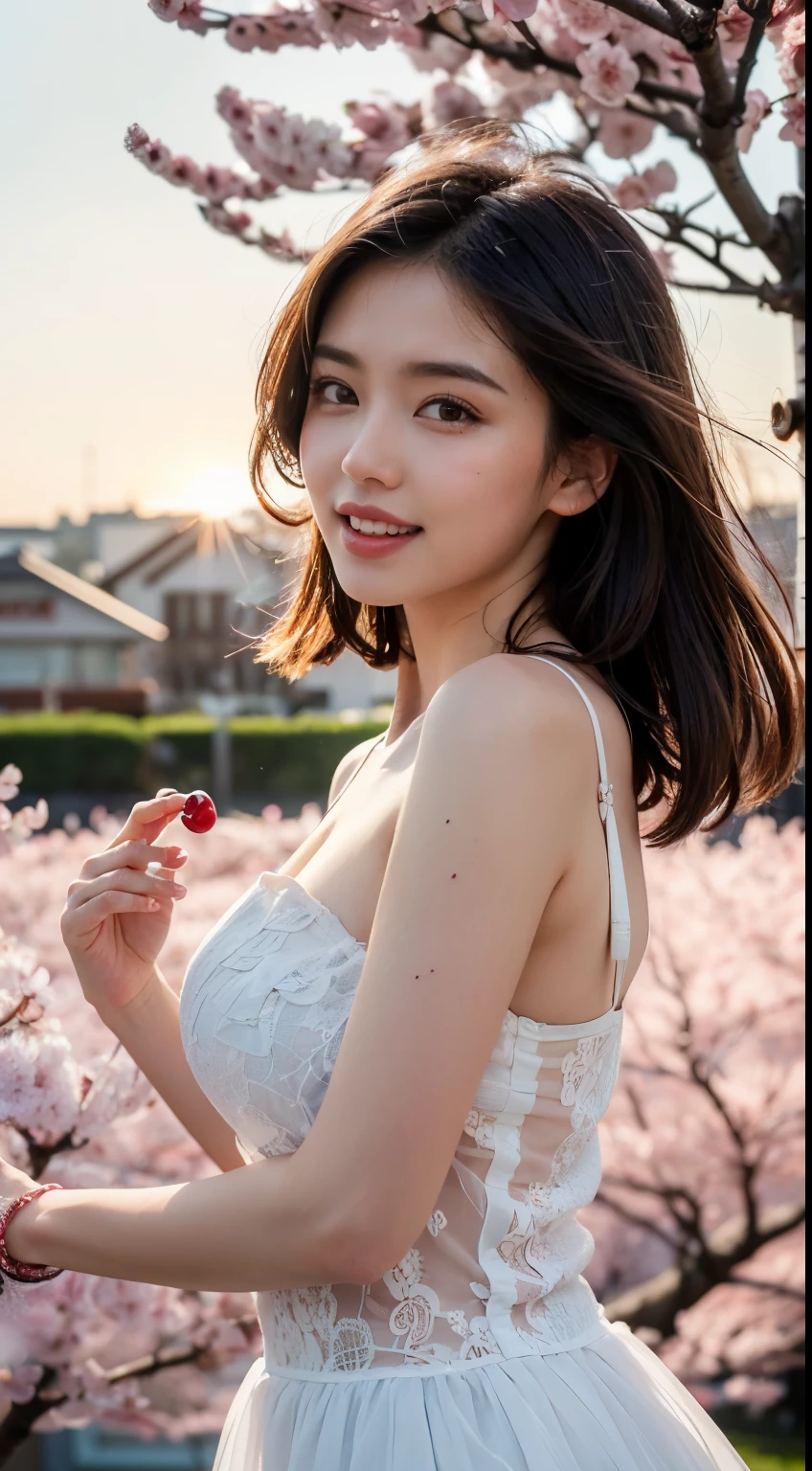 Mastepiece, top quality, illustration, ultra-definition, fine details, high resolution, 8K wallpaper, perfect dynamic composition, beautiful detailed eyes, wearing a dress, natural color lips, beach, random cute pose, perfect and Beautiful face, cute, sexy face, sunset, woman's face, (cherry blossoms, cherry blossoms, cherry blossom petals dancing, cherry blossom blizzard, falling petals), hair fluttering in the wind, hair fluttering, pink cherry blossoms, petals dancing, cherry blossom blizzard, Amazing landscape, sunrise, background sun, wind, gods, teeth, divine story, vast land