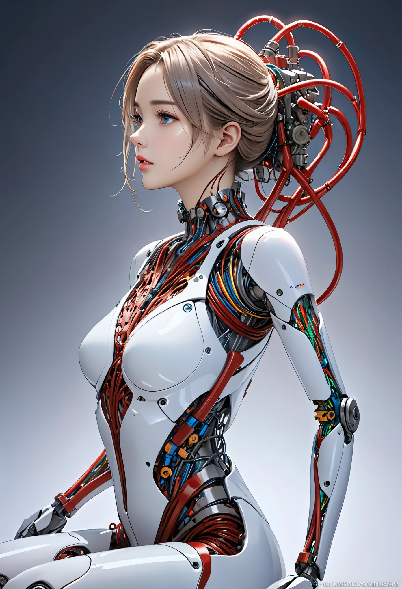 (masterpiece, top quality, best quality, official art, beautiful and aesthetic:1.2), (1girl:1.3), extreme detailed,colorful,highest detailed ((ultra-detailed)), (highly detailed CG illustration), ((an extremely delicate and beautiful)),,cinematic light,((1mechanical girl)),solo,full body,(machine made joints:1.2),((machanical limbs)),(blood vessels connected to tubes),(mechanical vertebra attaching to back),((mechanical cervial attaching to neck)),(sitting),expressionless,(wires and cables attaching to neck:1.2),(wires and cables on head:1.2)(character focus),science fiction,white background,(blood:1.5)