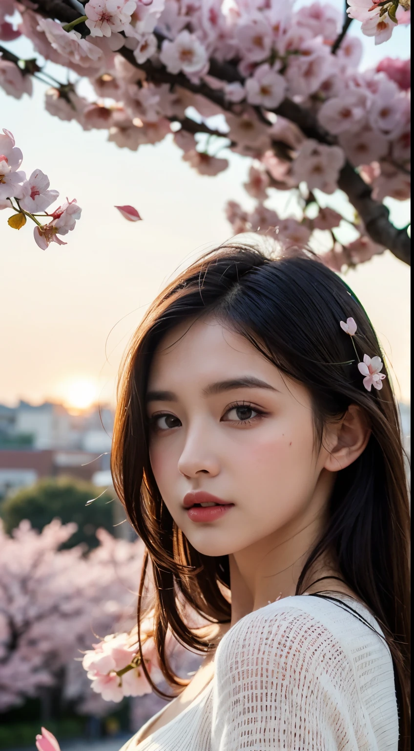 Mastepiece, top quality, illustration, ultra-definition, fine details, high resolution, 8K wallpaper, perfect dynamic composition, beautiful detailed eyes, wearing a dress, natural color lips, beach, random cute pose, perfect and Beautiful face, cute, sexy face, sunset, woman's face, (cherry blossoms, cherry blossoms, cherry blossom petals dancing, cherry blossom blizzard, falling petals), hair fluttering in the wind, hair fluttering, pink cherry blossoms, petals dancing, cherry blossom blizzard, Amazing landscape, sunrise, background sun, wind, gods, teeth, divine story, vast land