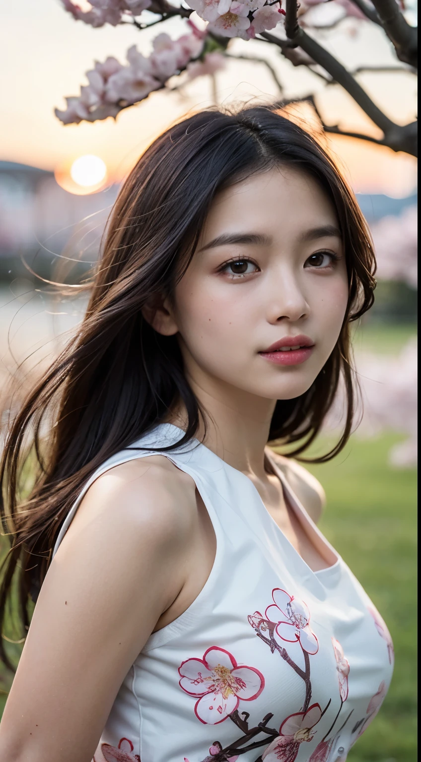 Mastepiece, top quality, illustration, ultra-definition, fine details, high resolution, 8K wallpaper, perfect dynamic composition, beautiful detailed eyes, wearing a dress, natural color lips, beach, random cute pose, perfect and Beautiful face, cute, sexy face, sunset, woman's face, (cherry blossoms, cherry blossoms, cherry blossom petals dancing, cherry blossom blizzard, falling petals), hair fluttering in the wind, hair fluttering, pink cherry blossoms, petals dancing, cherry blossom blizzard, Amazing landscape, sunrise, background sun, wind, gods, teeth, divine story, vast land